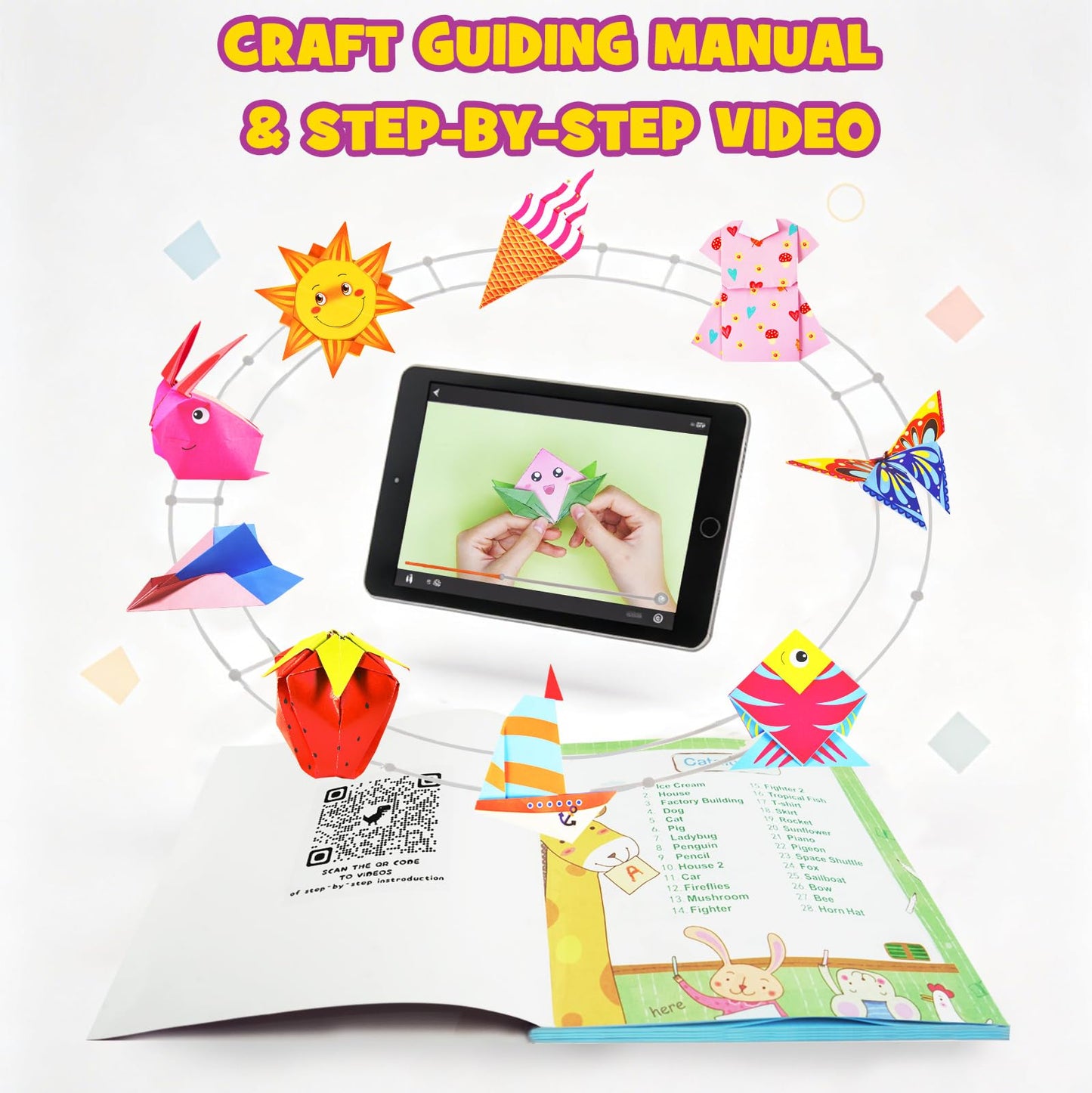 Pigipigi Kids Craft Origami Paper Kit for Kids Ages 5-8 8-12, with Guiding Book, 208 Sheets DIY Art and Crafts Supplies, Colorful Folding Papers Set Projects Gifts Activity for Boy Girl Toys(Cartoon)