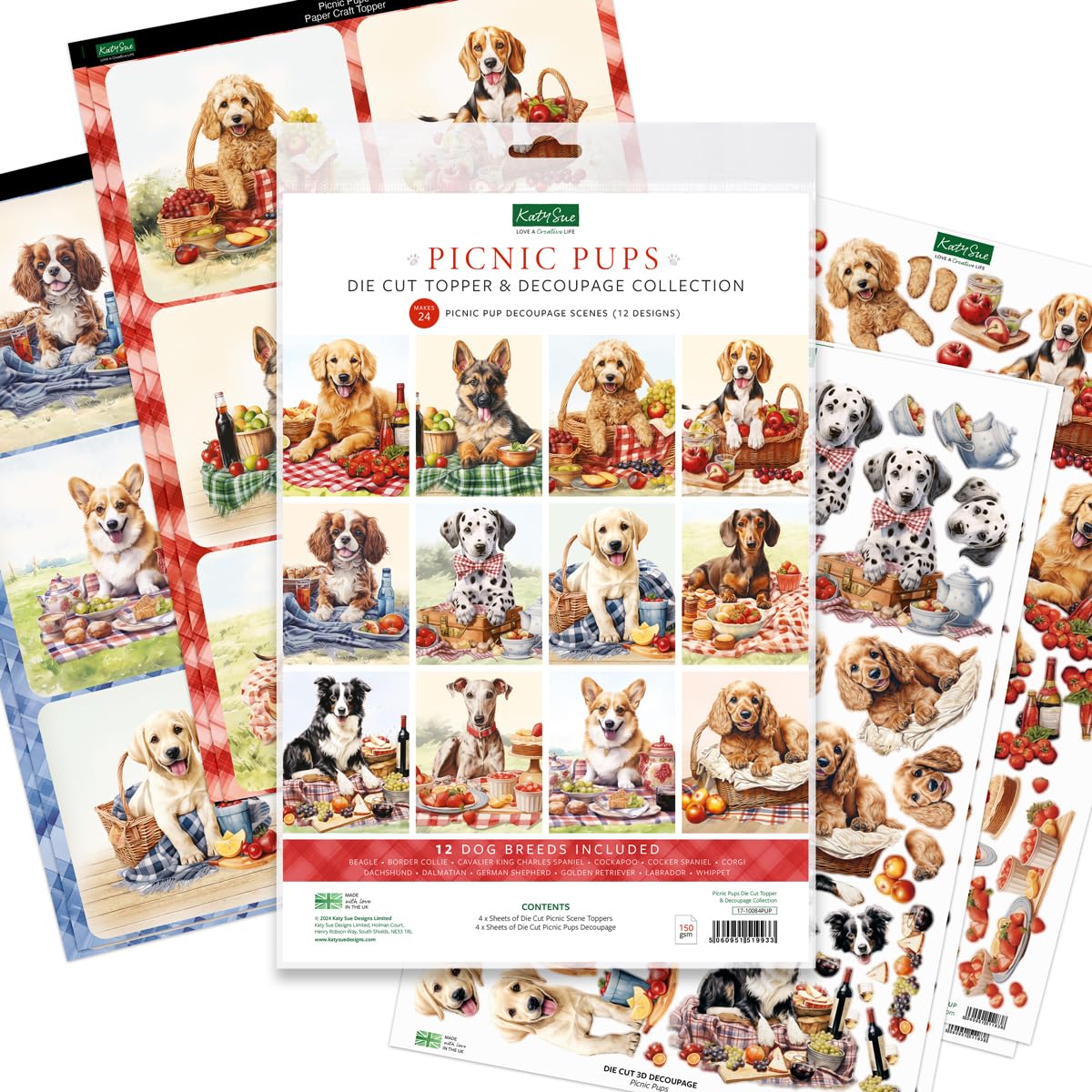 Katy Sue Designs Picnic Pups Die Cut Topper & Decoupage Collection. 4 Sheets of Dog-Themed Square Card Toppers & 4 Sheets of Matching Die Cut Decoupage Sheets for Card Making Supplies & Craft Supplies