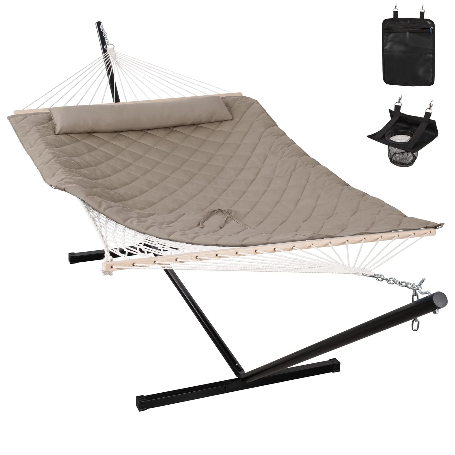 ANOW 2 Person Hammock with 12FT Heavy Duty Steel Stand, Double Rope Hammock with Detachable Pillow and Pad for Outdoors Indoors, 450 LBS Weight Capacity, Light Brown