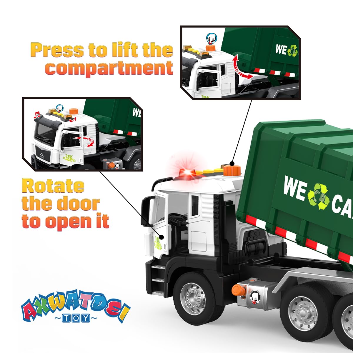 Garbage Truck Toy, Large Friction Powered Trash Truck Toy with Light and Sounds, 4 Trash Bins and Learning Cards for Kids