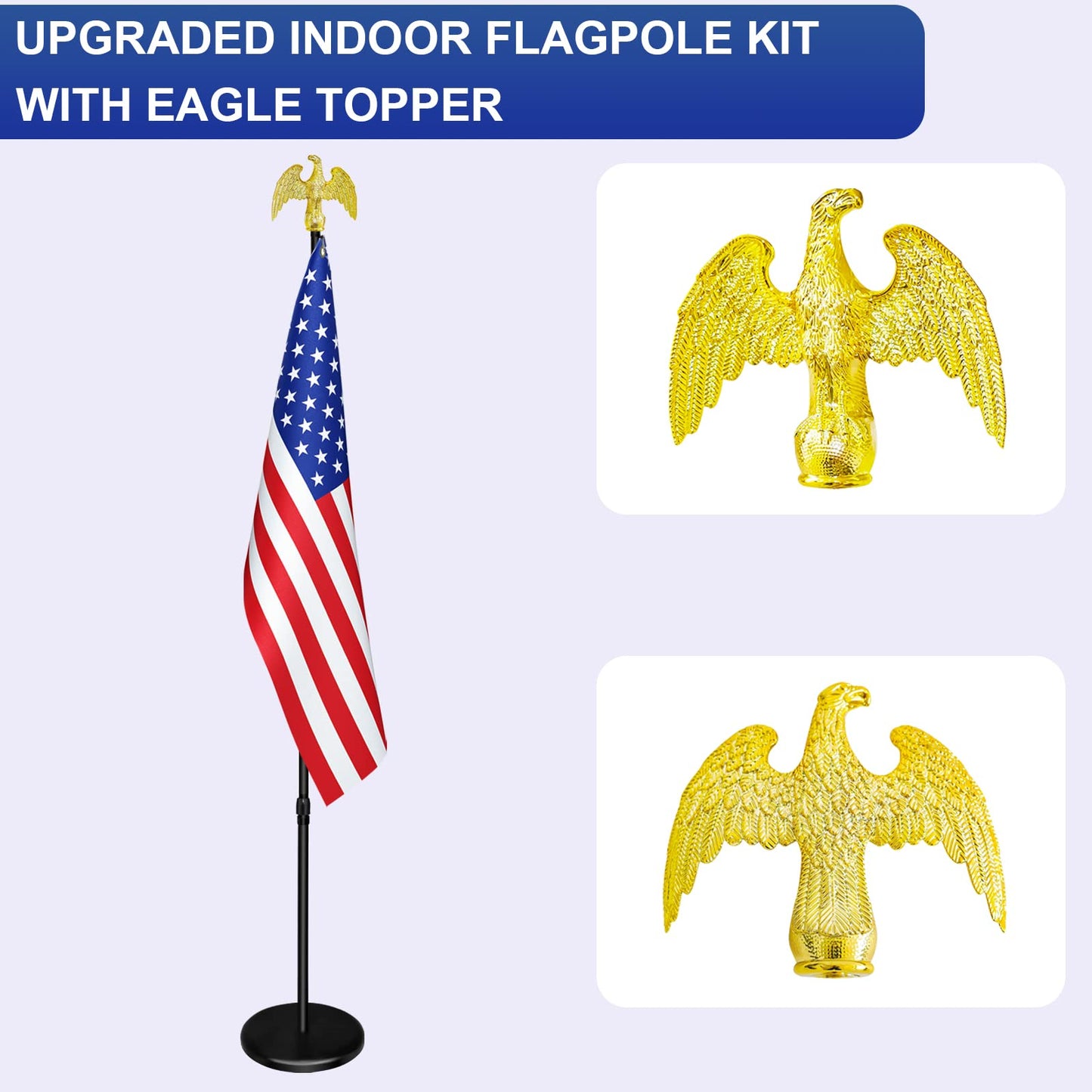 SENZHIYI Indoor Flag Pole Kit with Base and Eagle Topper 6ft-8ft,Aluminum Telescoping Flagpole Indoor for Office,School,City Hall Heavy Duty Indoor Flag Pole and Stand