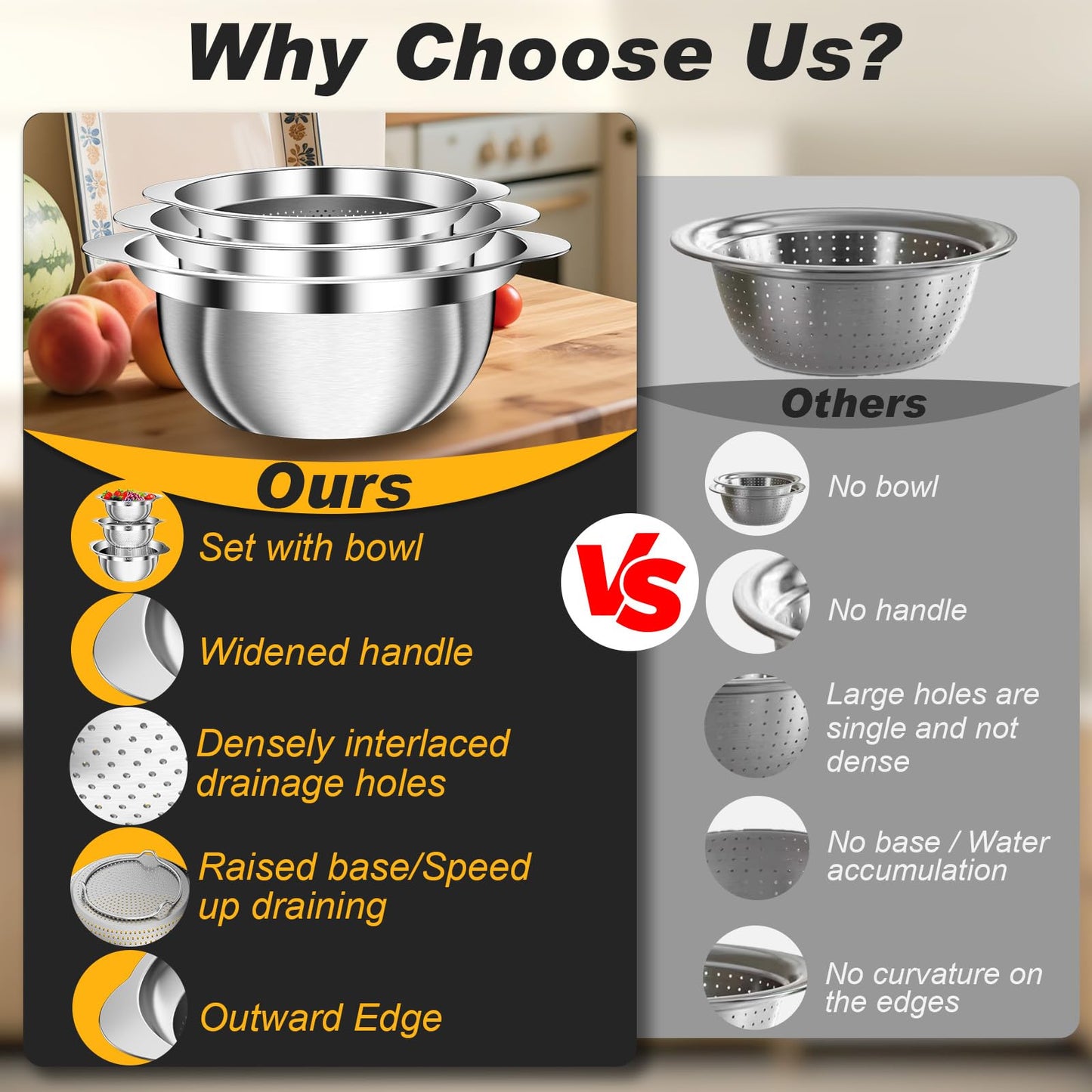 Colander, Stainless Steel Colander with Mixing Bowls (3.5QT), 3Pcs Strainer for Kitchen Gadget Food Strainer Basket with Handle, Colanders Bowl for Pasta Noodles Spaghetti Vegetables Fruit (3.5+3+2QT)