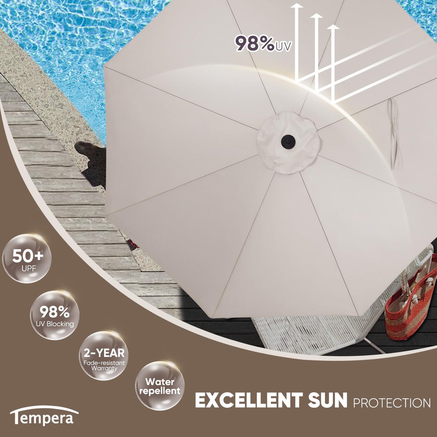 Tempera 9ft Patio Market Outdoor Table Umbrella with Push Button Tilt and Crank, Large Sun Umbrella with Sturdy Pole & Fade Resistant Canopy, Easy to Set, Beige