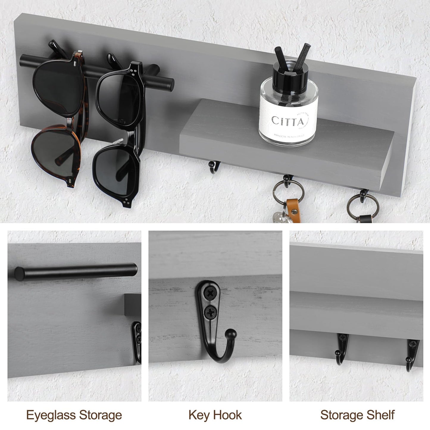 Lucundm Key Holder for Wall, Decorative Entryway Shelf with Hooks Holds Keys, Dog Leash, Sunglasses – Key Hanger with 3 Hooks Organizes, Enhances Home Decor (15” x 4.5” x 2.6”) (Grey)