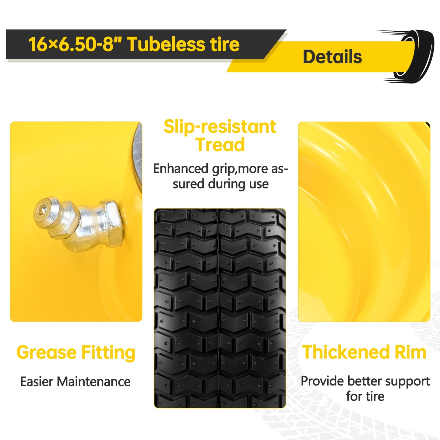 2 Pcs 16x6.50-8 Tubeless Lawn Mower Tire and Wheel, 16x6.5-8 Lawn Mower Tire, with 3/4" Bearing (extra 1" Bushing), 3-5" Offset Hub, 4-Ply Tubeless, 35 PSI, Fits Riding Mower & Lawn Tractors, 715 lbs