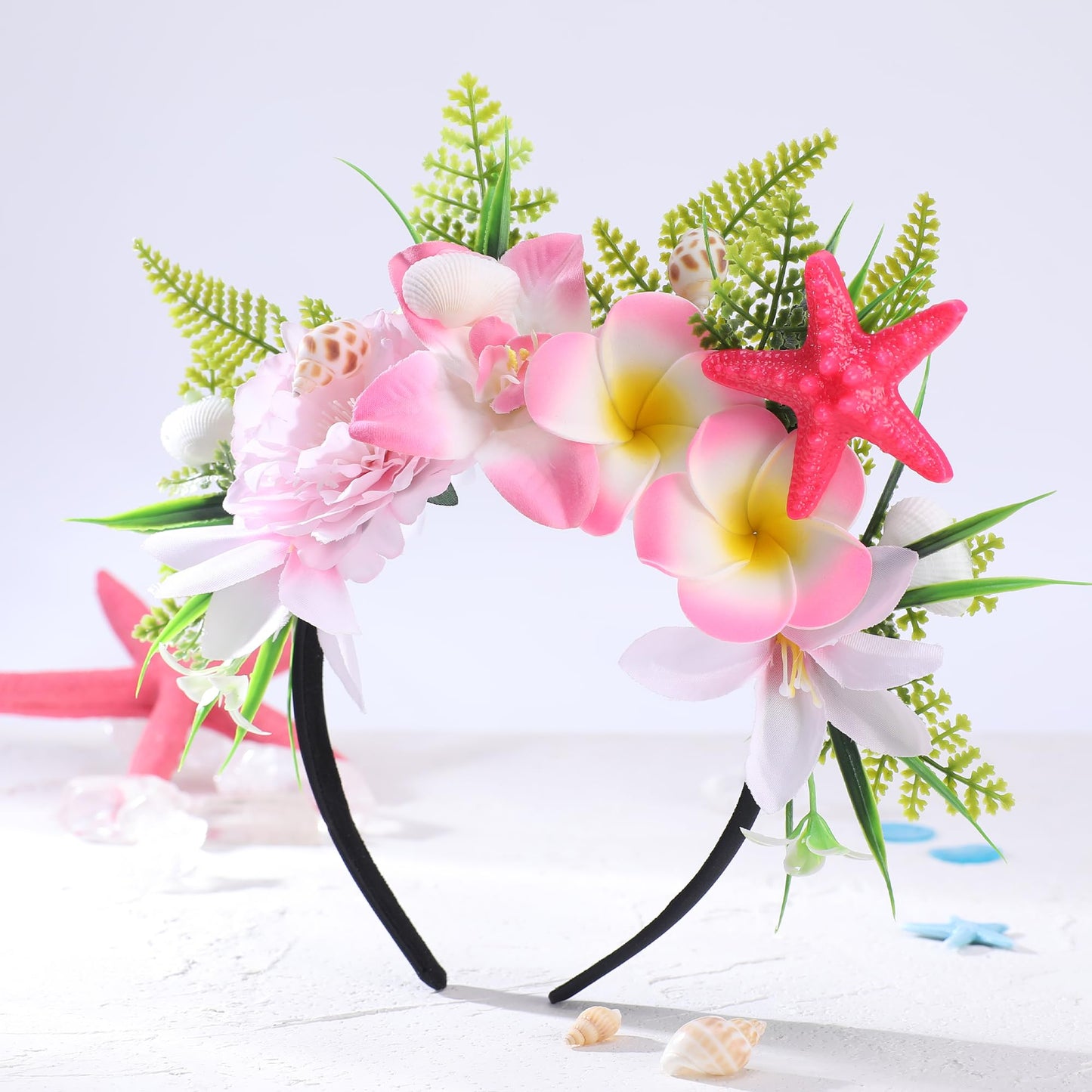 KorViSHOW Hawaiian Flower Crown Headband, Artificial Pink Orchid Plumeria Hawaii Floral Headpiec, Tropical Starfish Flower Headbands for Summer Beach Hula Dance Hair Accessories Party Favor Supplies