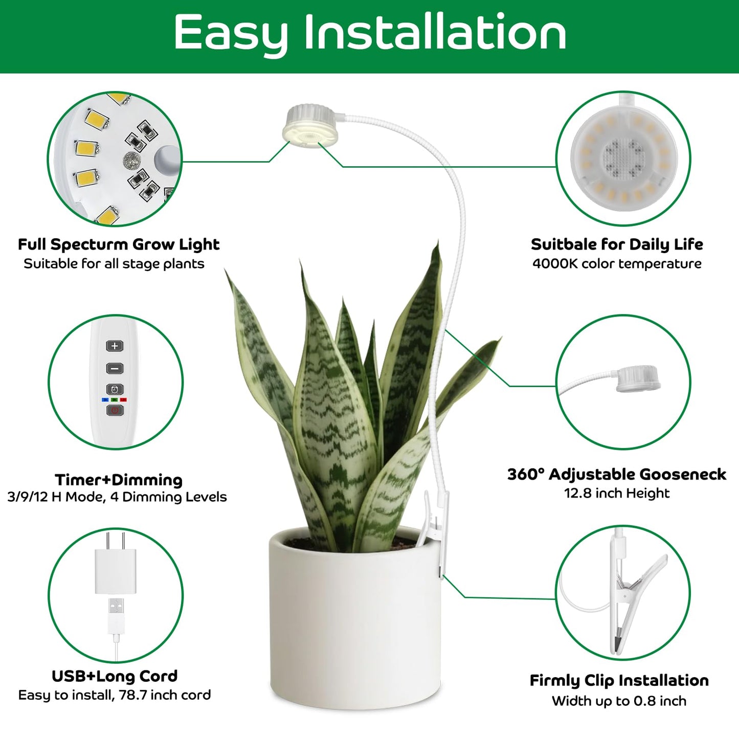 YKoliron Grow Lights for Indoor Plants, Clip on Full Spectrum Plant Light, Plant Grow Lights Indoor with Adjustable Gooseneck and 10-Level Dimming, 3/9/12H Timer for Office Home (1 Pack)
