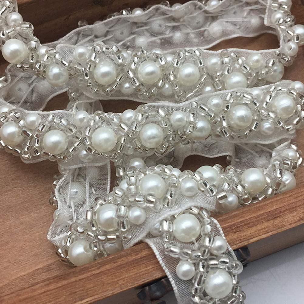 FQTANJU 3 Yards White Beaded Crystal Rhinestone Applique, Rhinetones Trim for Dress, Bridal Applique, Crystal Beaded Applique for Bridal Wedding, Party and Other Formal Occasions