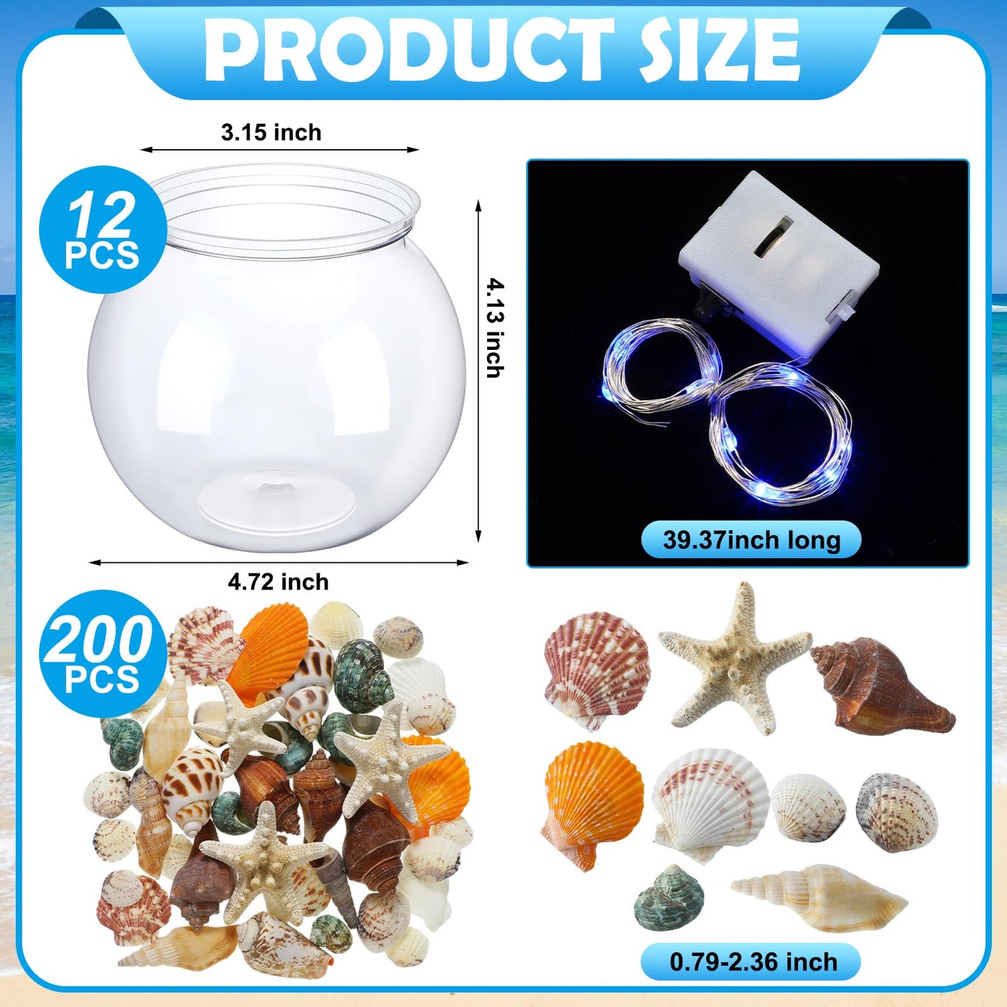 RoundFunny 12 Set 30 oz Beach Themed Party Table Centerpieces 4" Heavy Duty Round Plastic Fish Bowls Mixed Beach Natural Seashell Starfish with Blue Lights for Wedding Baby Shower Ocean Party Supplies
