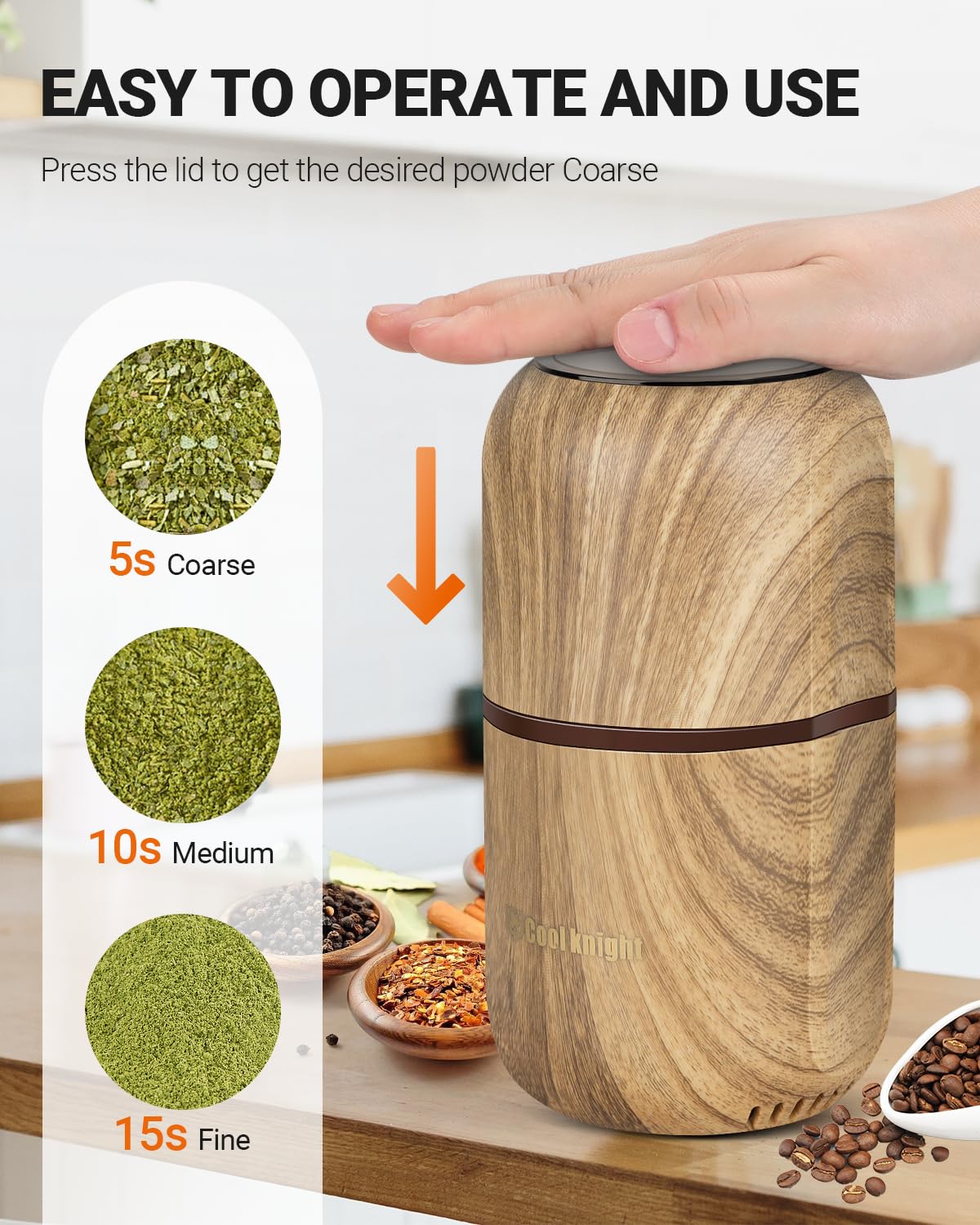 COOL KNIGHT Electric Herb Grinder [Large Capacity/High Rotating Speed]-Electric Grinder for Spices and Herbs (Wood grain 2)