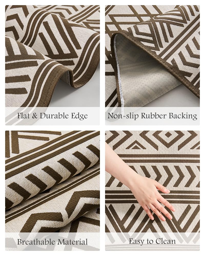 Outdoor Rug Carpet 9x12 ft, Flatweave Textured Outdoor Patio Rug Non Slip Indoor Outdoor Rugs with Rubber Particles Backing Boho Outdoor Area Rug for Patio Deck Front Porch Backyard Balcony, Brown