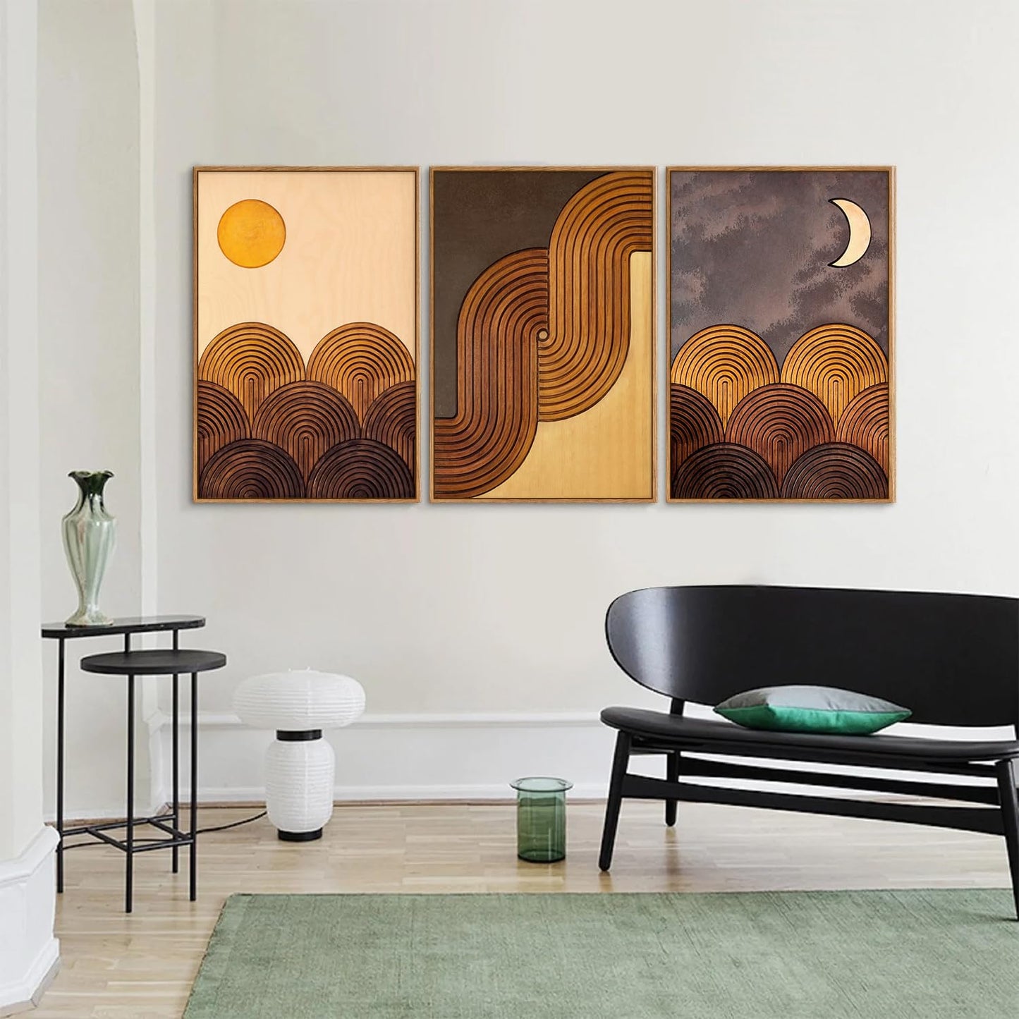 Tinonedraw Mid Century Modern Framed Canvas Wall Art Set, Boho Minimalist Geometric Arch Wall Decor, Bohemian Sun and Moon Art Paintings, Beige Brown Wooden Artwork for Living Room Bedroom 16"x24"x3