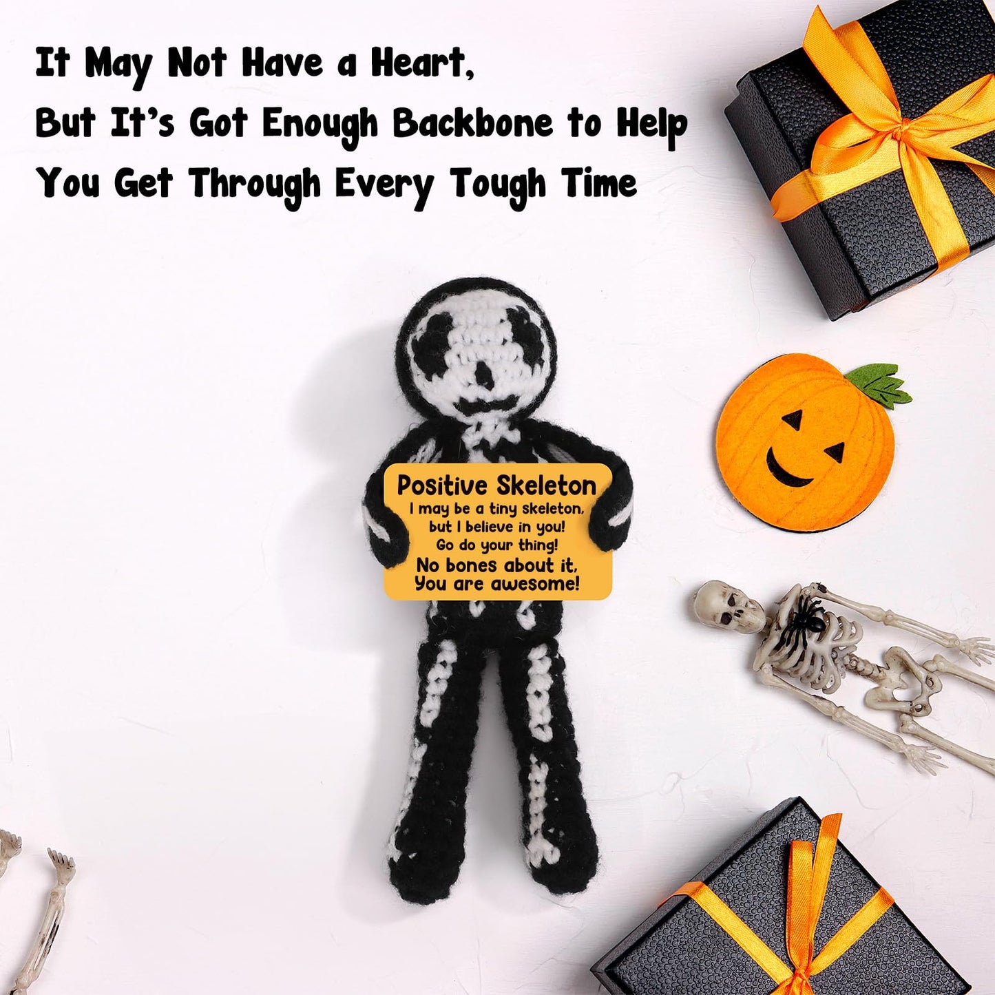 Hweijm Positive Skeleton Skull Christmas Stocking Stuffer Crochet Gag Gift, Spooky Cute Mini Collectible for Teens Women Men Friends, White Elephant Exchange, Secret Santa Gift, Skeleton Desk Decor