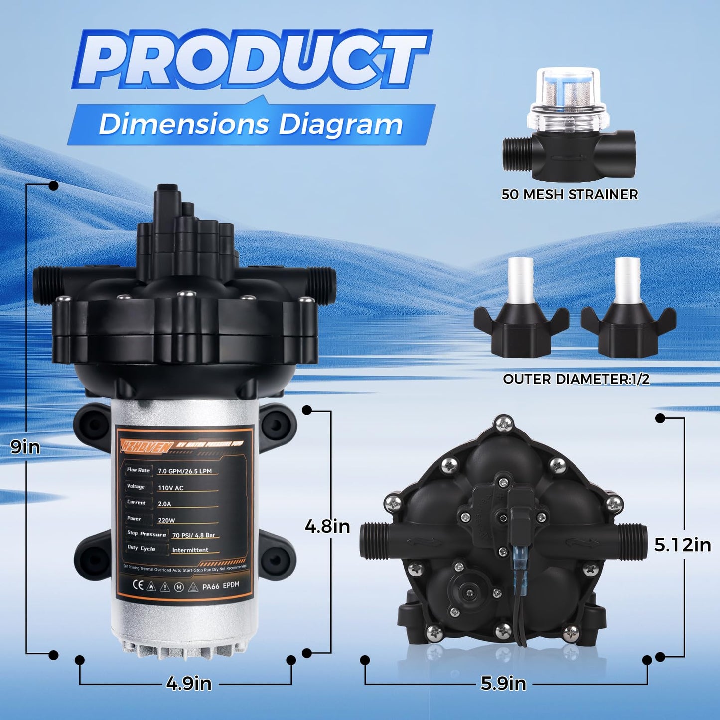 Upgraded 110V AC Fresh Water Pump, 7GPM 70PSI, Five Chamber Self-Priming Diaphragm Pump with Heavy Duty Pressure Switch & Strainer for RV, Marine，Home Water System, Irrigating & Industrial Settings