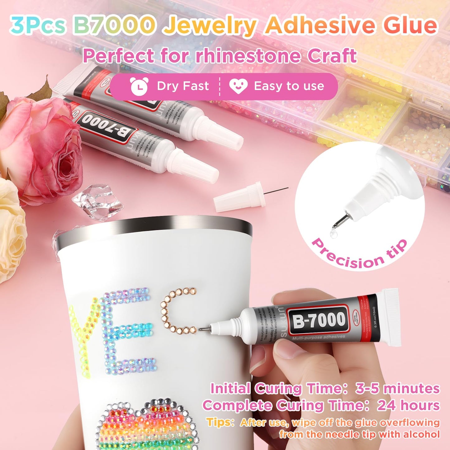 Zefy 40 Colors Resin Jelly Rhinestones for Bedazzling, 3mm 40000 Pcs Flatback Gems for Crafting, Bedazzling Kit with 3Pcs B7000 Glue for Clothing Shoes Nail Book Diamond Art
