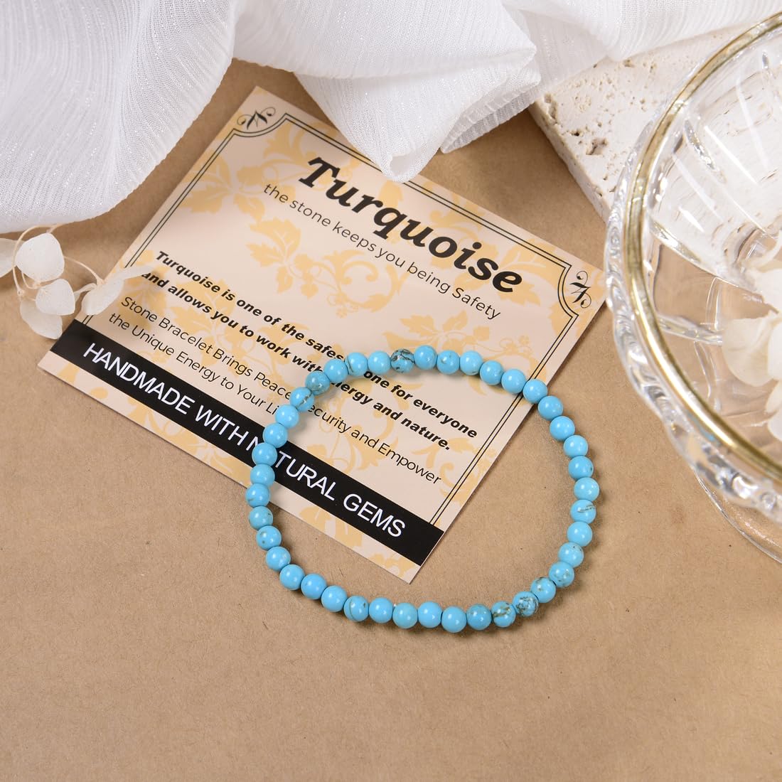 MASSIVE BEADS Turquoise - Safety - Handmade Handmade Yoga Stretch Elastic Bracelet Natural Stone Crystal Healing Power Energy Gifts for Unisex Adult 4mm