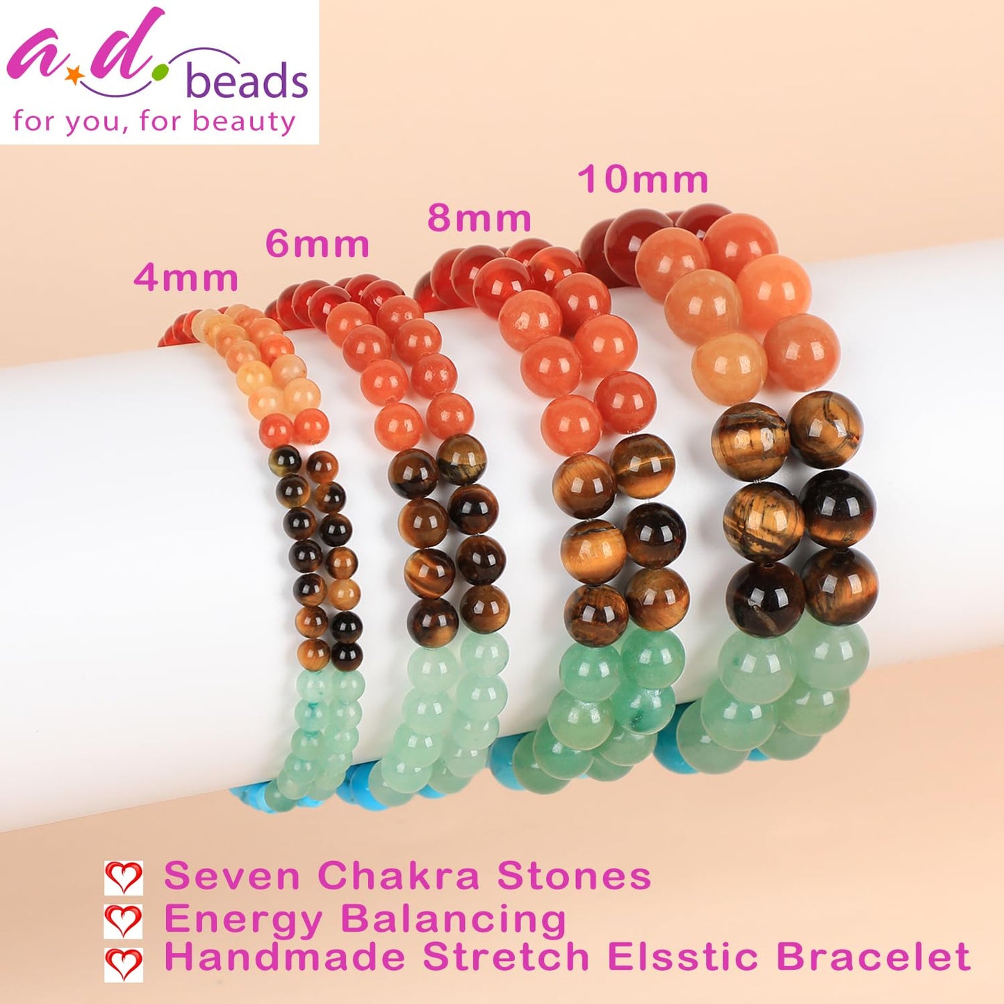 AD Beads Handmade Gemstone Stretch Elastic Bracelet Crystal Healing Reiki Nature's Beauty and Spiritual Essence Unisex (6mm, Seven Chakra Stones (Energy Balancing))