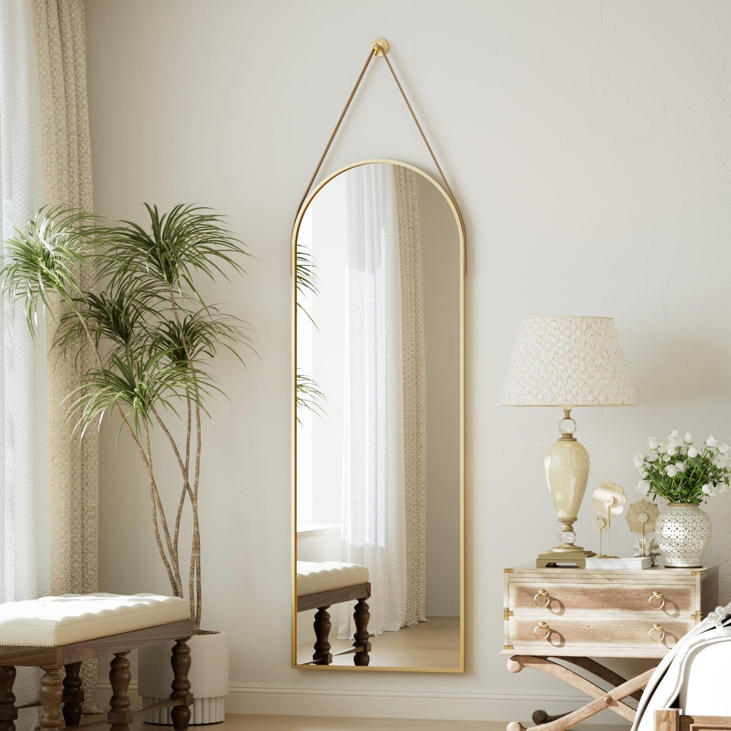 Easly 16''x48'' Arched Full Length Mirror, Hanging Mirror for Wall with Leather Strap, High-Definition Aluminum Alloy Frame for Bathroom Bedroom Entryway Decor, Gold