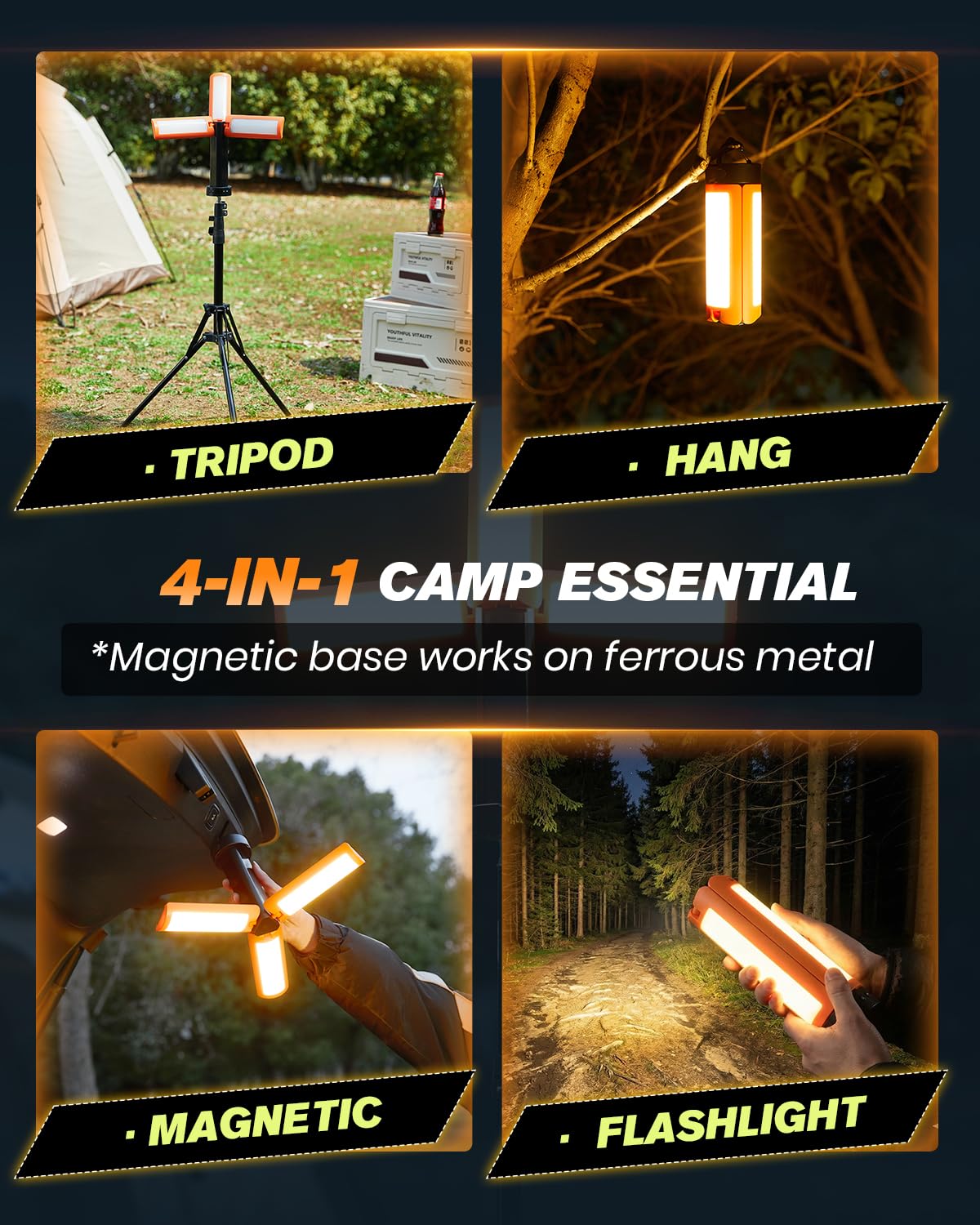 SakerNeo 15600mAh Rechargeable Camping Light with Stand, Work Light with 3 LED Lamp Heads,5 Brightness Levels,2200 Lumens Dimmable Camping Lantern with Magnetic Base