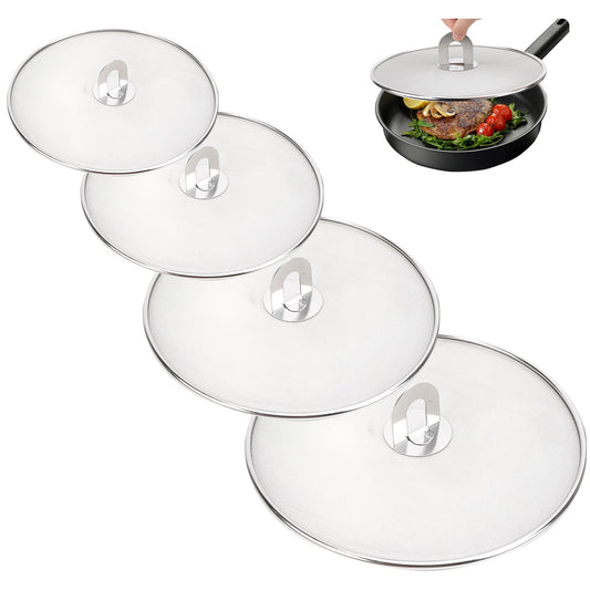 MOAMUN 4PCS Splatter Screen for Frying Pan, Stainless Steel Grease Splatter Guard, Hot Oil Splatter Screen with Foldable Knob, Ultra-Fine Mesh No Burns Keeps Kitchen Clean(8", 10", 11.5", 13")