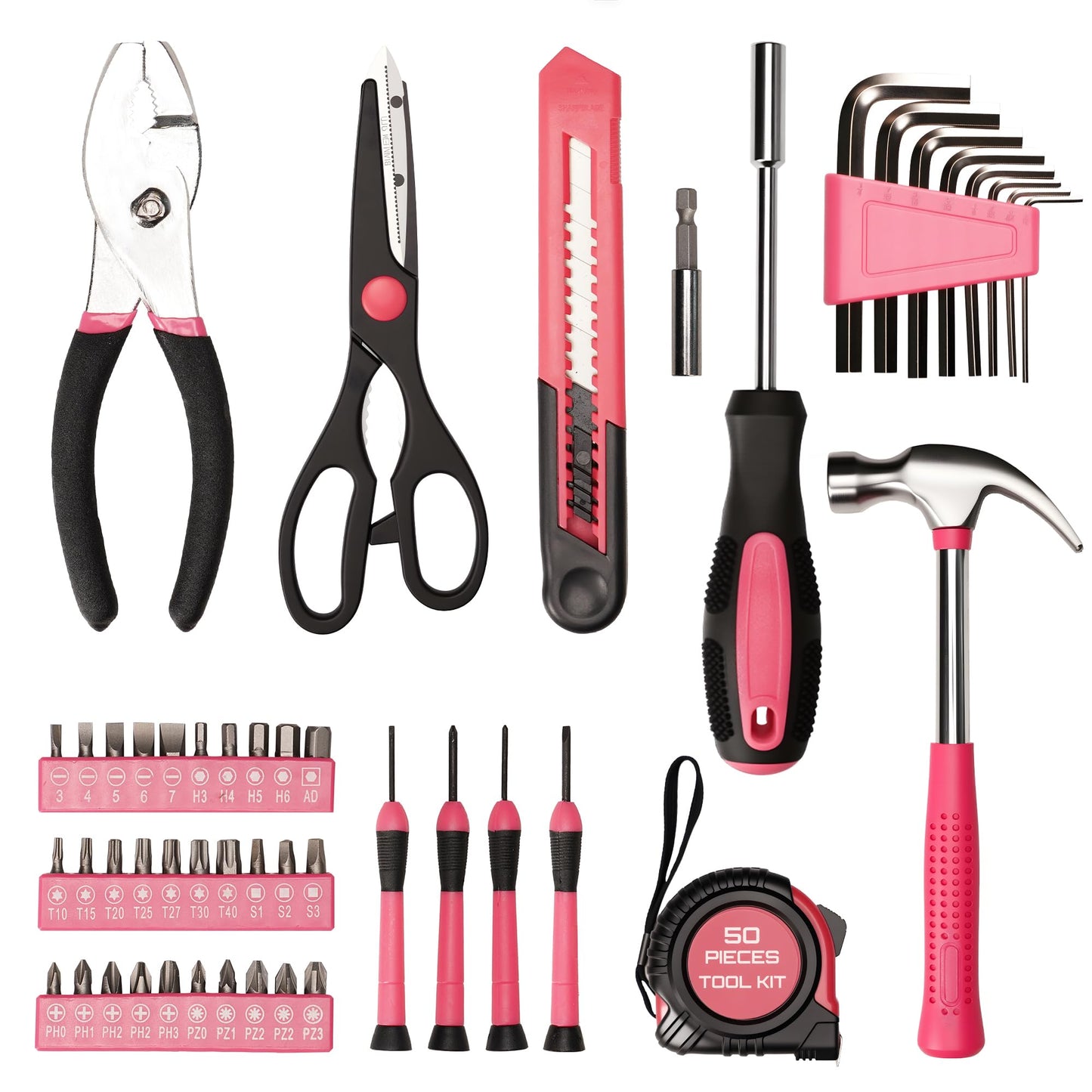 50-Piece Pink Tool Set for Women, Household Small Tool Set with Storage Toolbox for Home Repairs, Hand Tool Kit for College, Dorm, Office