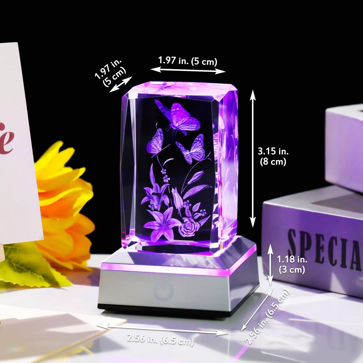YWHL 3D Crystal Butterfly Gifts for Women, Laser Engraved Butterfly and Lily Flower Figurines with Light Base for Butterfly Lovers Nature Lovers, Gifts for Birthday Christmas
