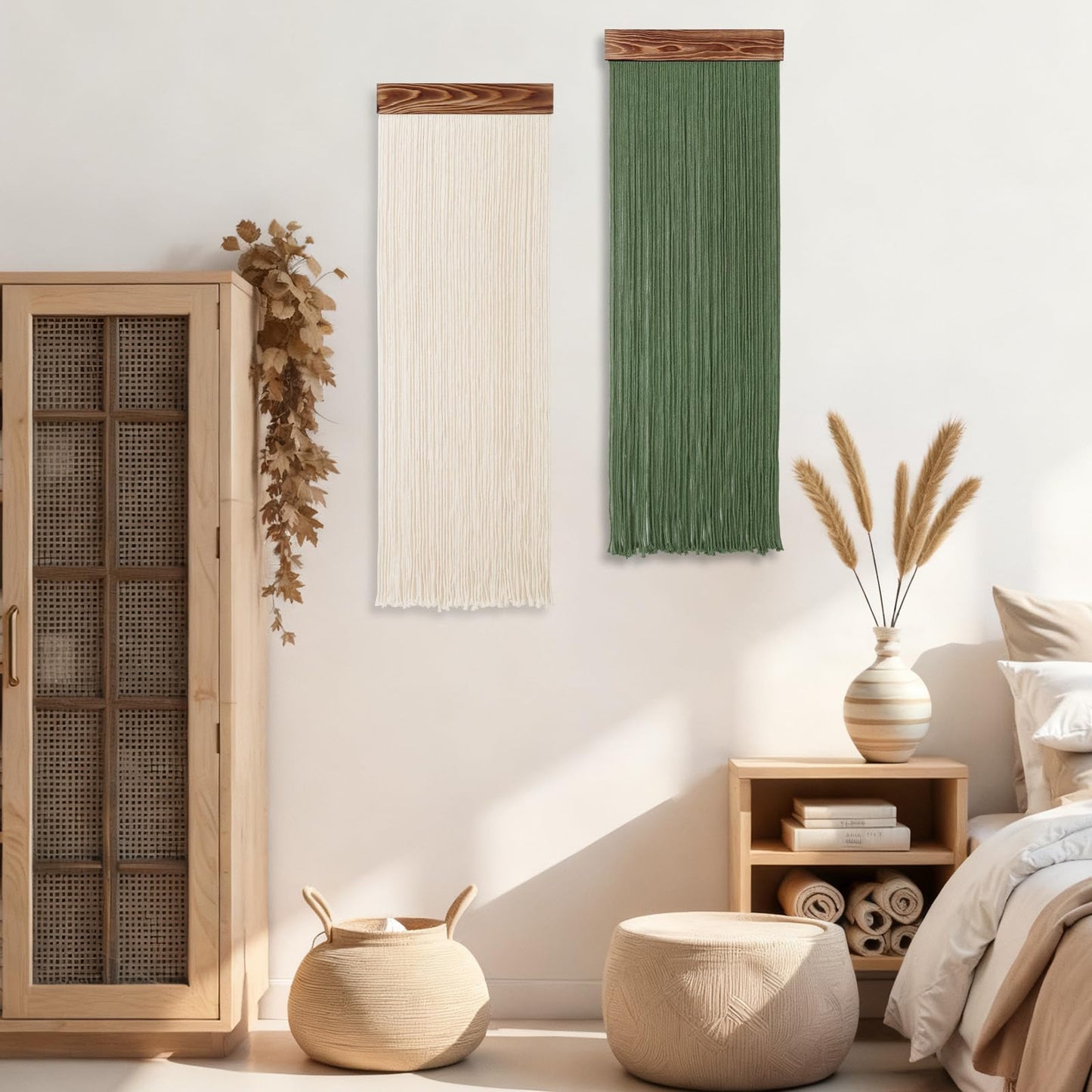 KHOYIME Macrame Wall Hanging Boho Chic Home Decor, 2PCS Bohemian Green Beige Tassel Yarn Tapestry Modern Handmade Large Wall Art Decorations for Living Room Bedroom Nursery Backdrop 11.8''W x 36''L