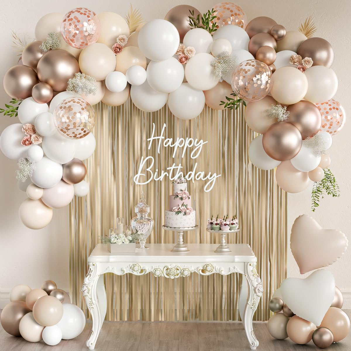 White and Champagne Gold Balloons Garland Arch Kit with Rose Gold Fringe Curtain for Woman Girl Princess Engagement Bridal Shower Wedding Baby Shower Boho Birthday Party Decorations