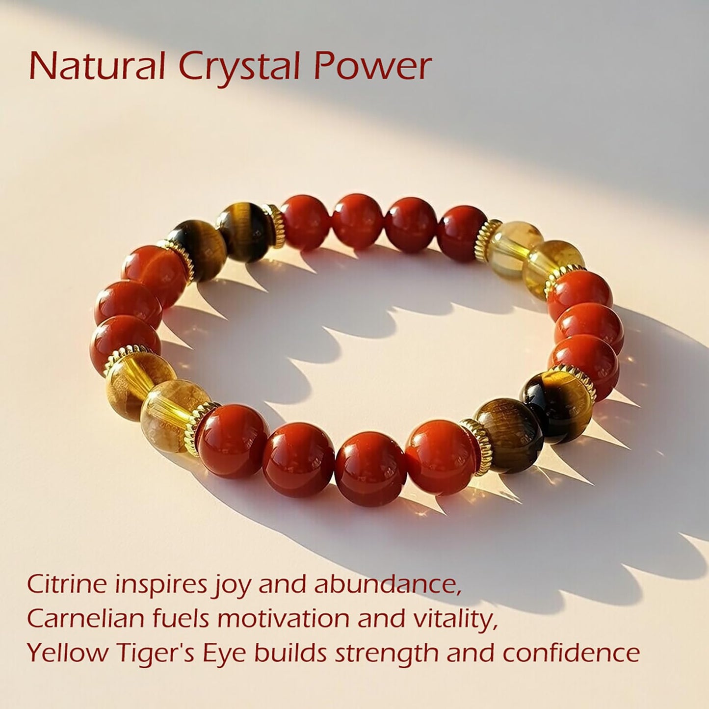 Handmade Natural Gemstone Stretch Elastic Bracelet Healing Crystal Jewelry Bracelet for Confidence & Empowerment 8mm Beaded Bracelet Gift for Women Men Valentines Day (Citrine, Carnelian, Yellow Tigers Eye)