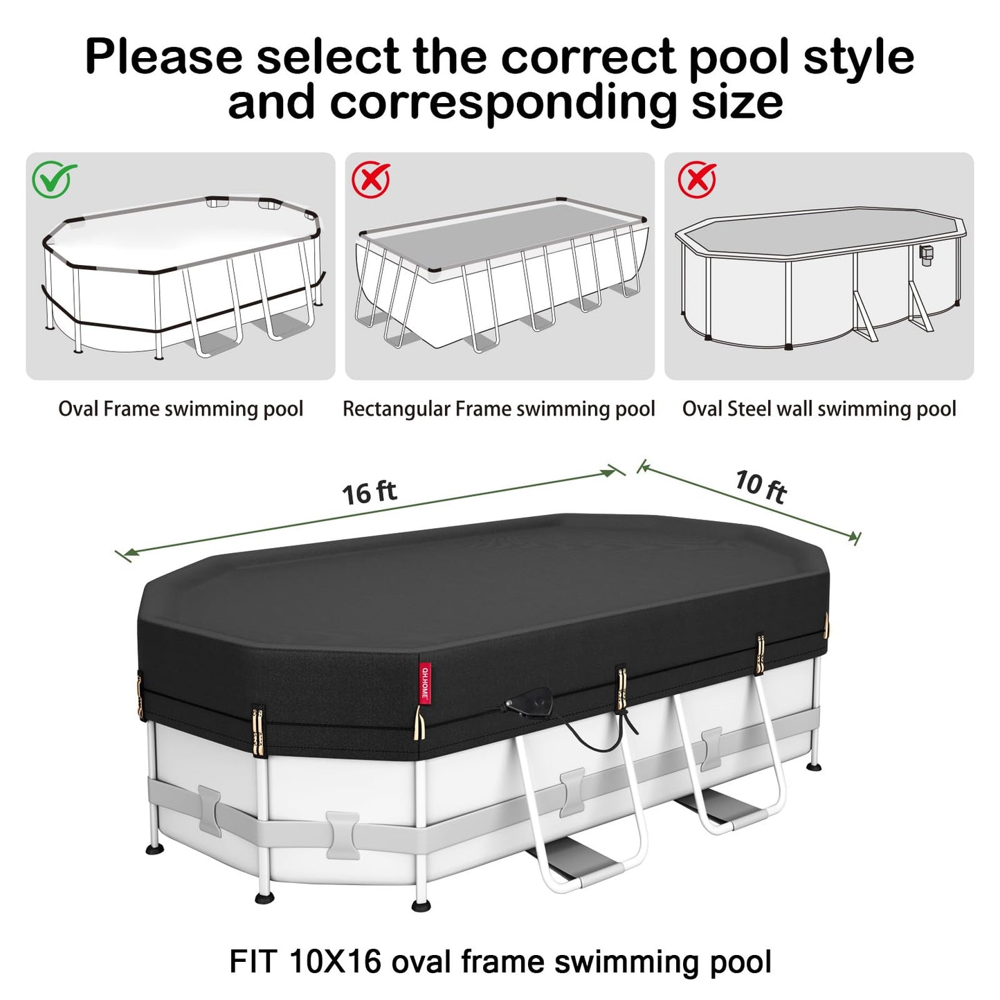 QH.HOME 10x16ft Oval Pool Cover,[Ultimate Windproof & Tear-Resistant Fabric],Snug Fit with Patented Ratchet & Weight Rings,Solar Pool Cover for Above Ground Pools, Blocks Leaves &Waterproof