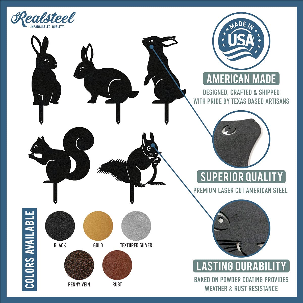 RealSteel Metal Garden Animal Sculptures & Statues – Bunny & Squirrel Yard Art Stake Pack – Outdoor Lawn & Flowerbed Decor – Weather-Resistant Steel Garden Decorations – Gift for Gardeners – Black