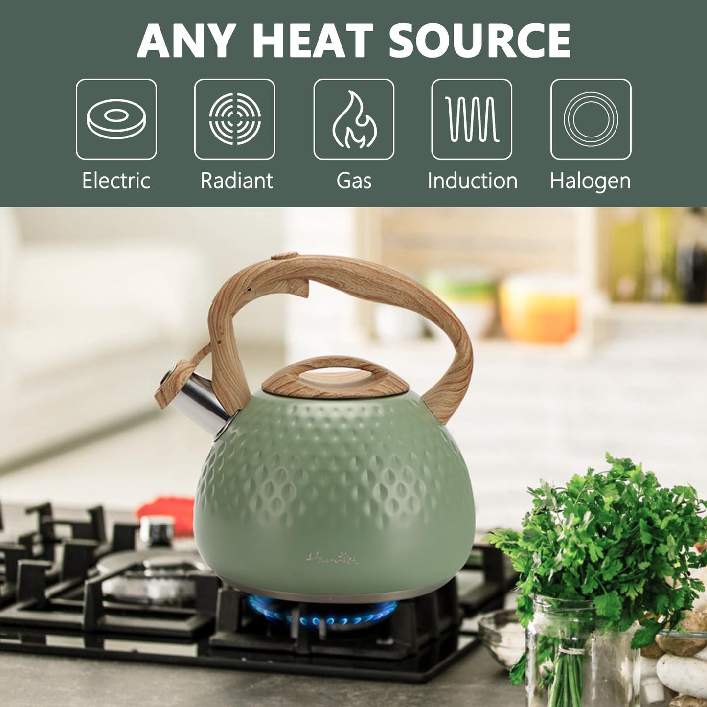 harriet Tea Kettle, Tea Pot for Stovetop, 2.5QT Whistling Kettle with 5-Layers bottom, Food Grade Stainless Steel Kettles with Hot-Resistant Handle Gas Electric Applicable, Green