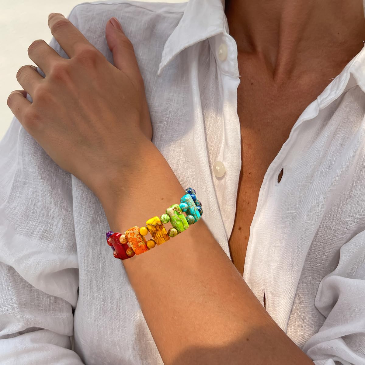 Yomisa Chakra Bracelets for Women,Healing Meditation 7 Chakras Stone Beaded Bracelet for Womens,Natural Handmade Boho Friendship Bracelets Bohemian Western Jewelry Rainbow Stretch Bead Bracelet Gifts