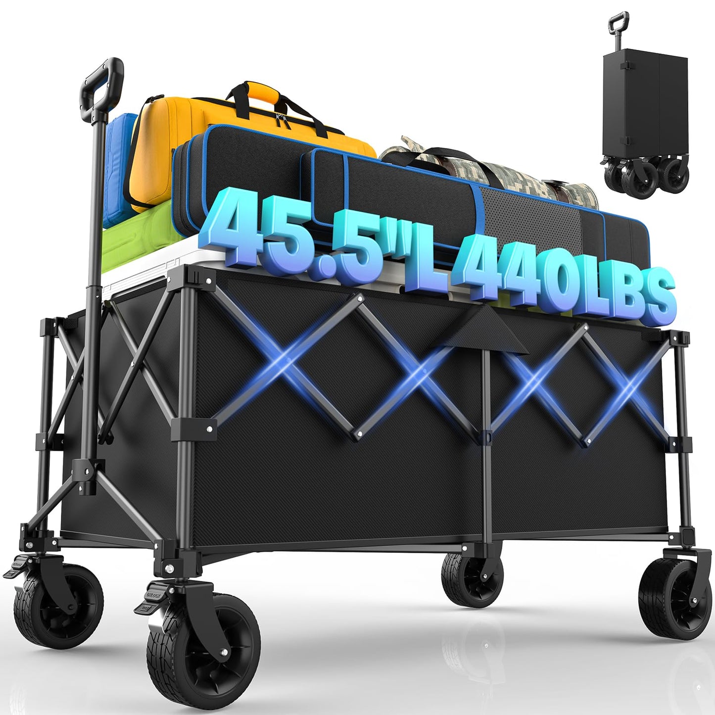 Kitsure Collapsible Wagon with Wheels, Foldable Dog Wagon Carts with 440lbs Load Capacity, Utility Shopping Cart, Black, 45.5" x 24.0" x 38.0"