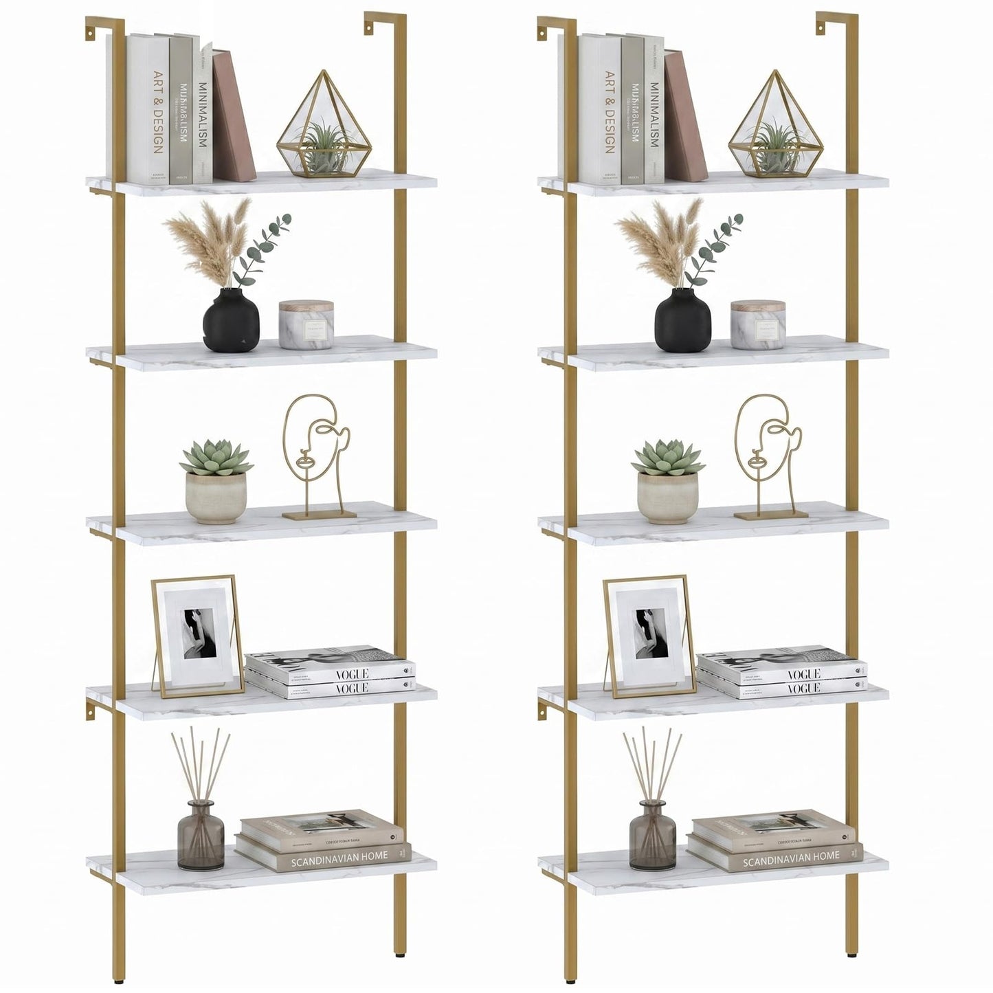 aboxoo Ladder Shelf 2PCS White Marble Bookshelf 5-Tier Wall-Mounted Wood Rack Open Industrial Modern Plant Flower Stand Utility Organizer Bookcase Metal Frame Furniture Office Kitchen Bedroom