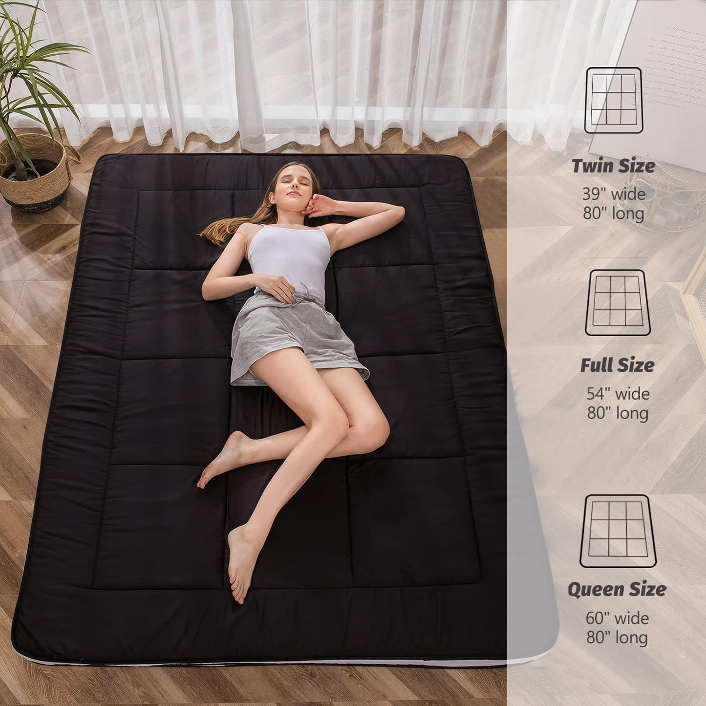 MAXYOYO Futon Mattress, Padded Japanese Floor Mattress Quilted Mattress Topper, Extra Thick Folding Sleeping Pad Breathable Floor Lounger Guest Couch for Camping, Black, Twin