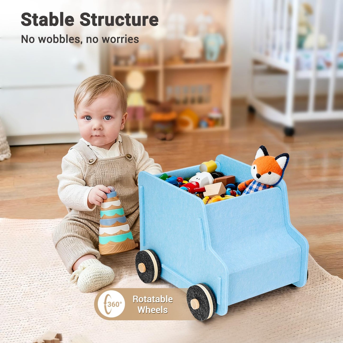 QUEENLINK Toy Storage Box with Wheels, Soft Felt Toy Organizers and Storage for Kids, 17" x 12" x 12", 10 Gal, Multifunction Toy Chest for Living Room, Playroom, Nursery - Light Blue