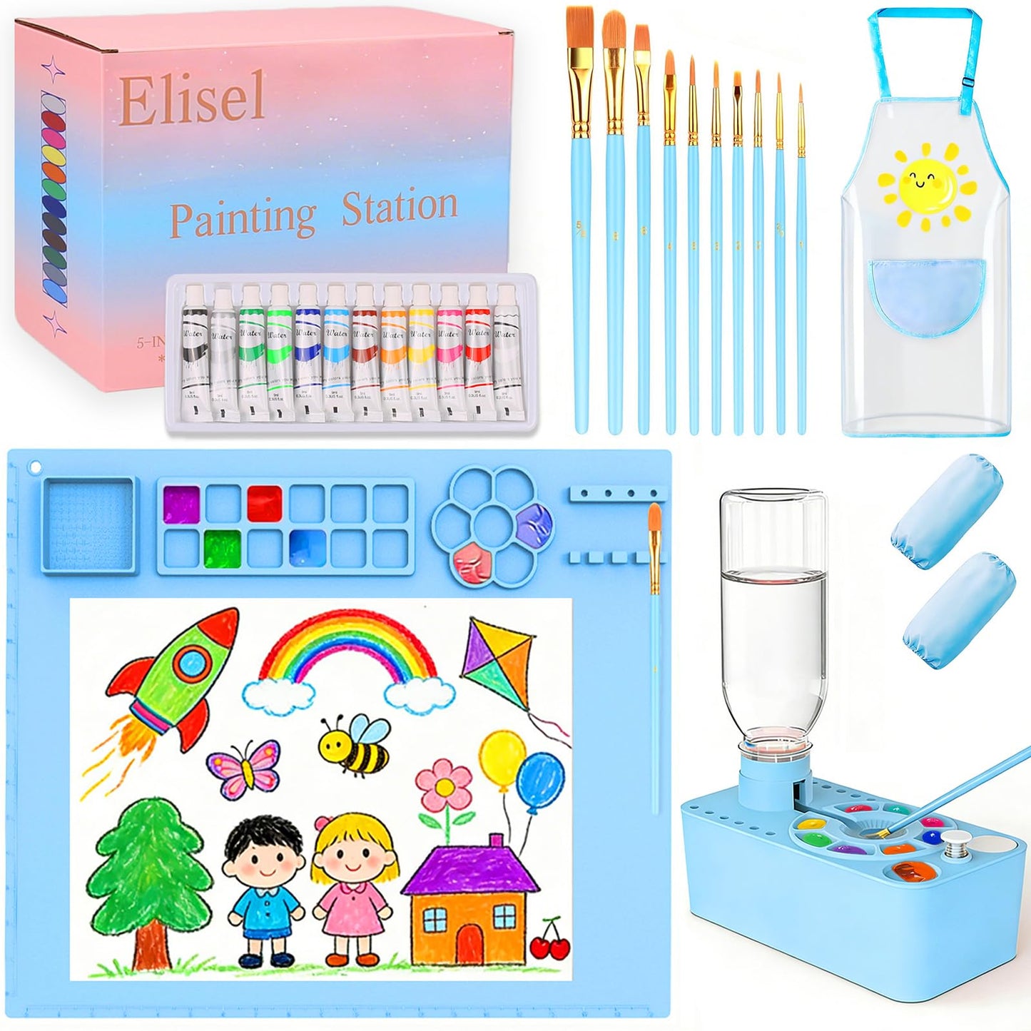 Elisel Painting Station,5 IN 1 Art Paint Supplies Kits,Paint Brush Cleaner (Upgraded),Silicone Painting Mat 12 Colors Paint Set,10 Paint Brushes,Painting Apron for Kids Artist Beginners (Blue, 5)