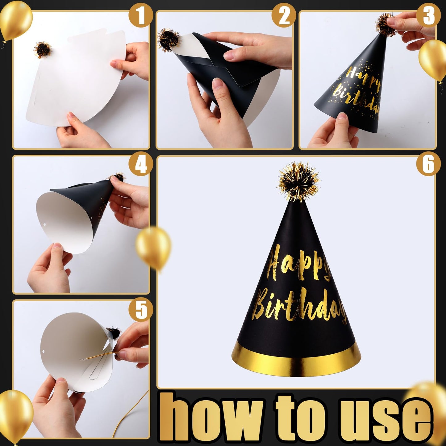 Patelai 25 Pcs Black and Gold Birthday Party Set: 1 black and gold Banner, 3 Glasses, 10 Whistles, 11 Cone Hats for Birthday Party Decoration