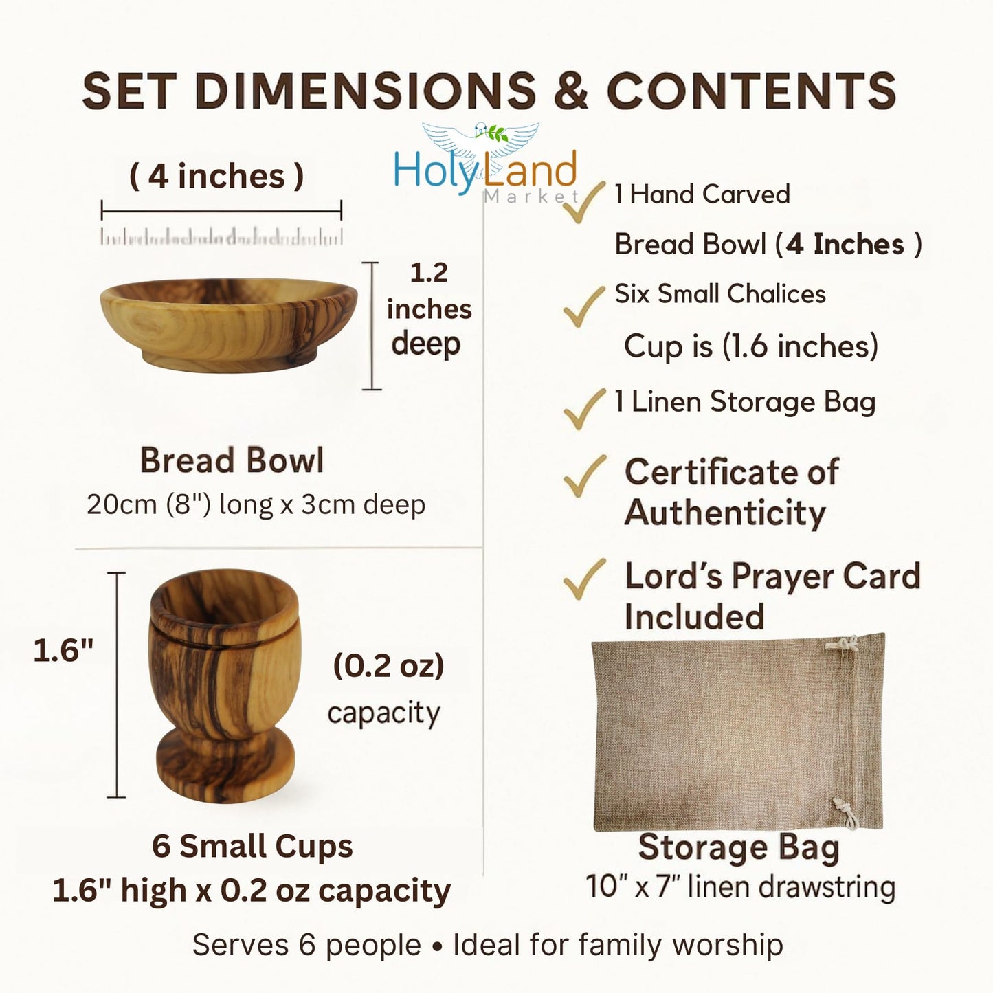 Holy Land Market Olive Wood Communion Cups & Plate Set KIddush - Communion Set Hand-Carved in Bethlehem – for Church Worship, Pastors & Ministries (Round Bowl + 6 Small Goblets)