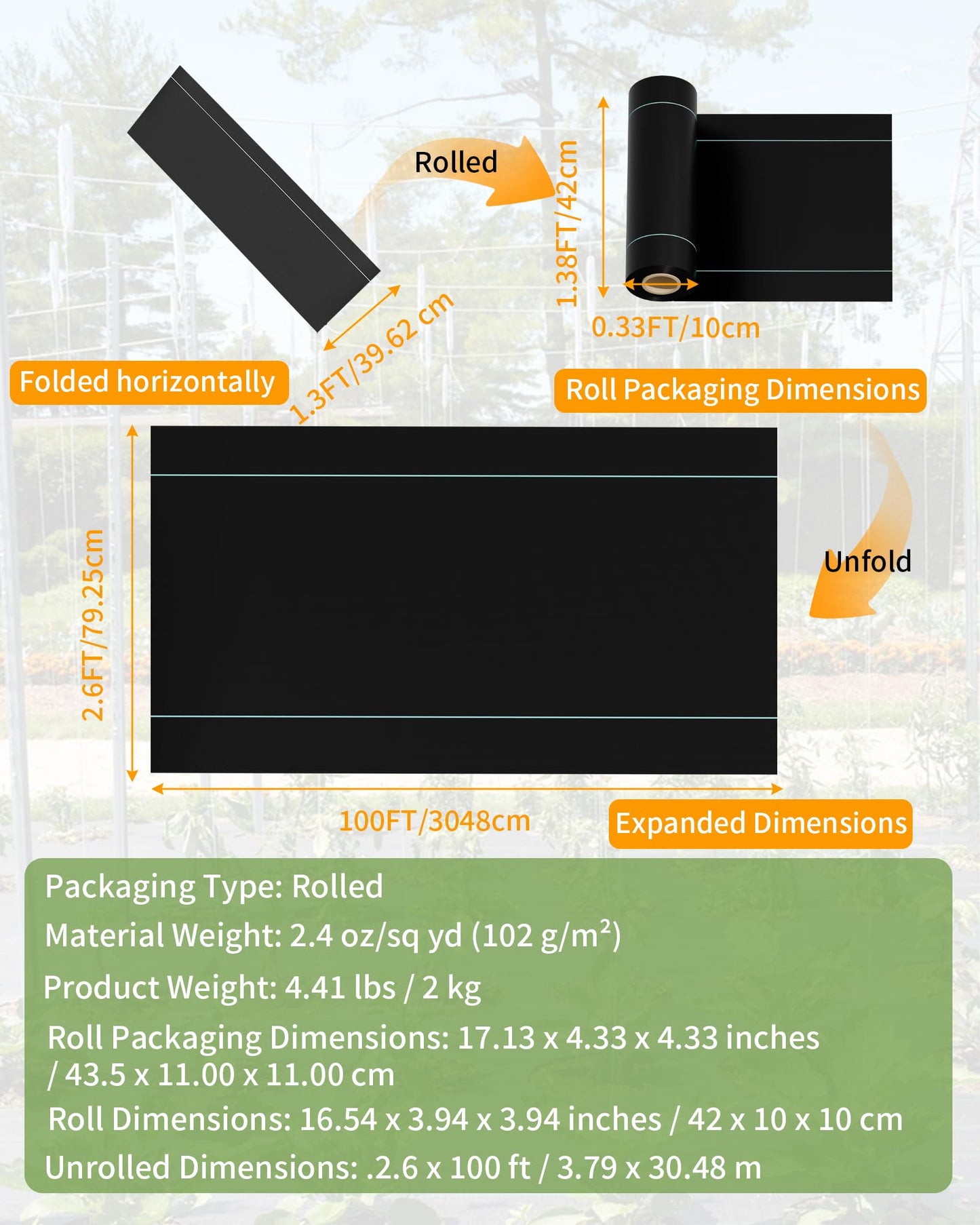 Pterying 2.6ftx100ft Weed Barrier Landscape Fabric Heavy Duty, Premium Garden Geotextile Fabric Weed Blocker for Driveway Mats Erosion Control, Weed Control Garden Cloth Ground Cover
