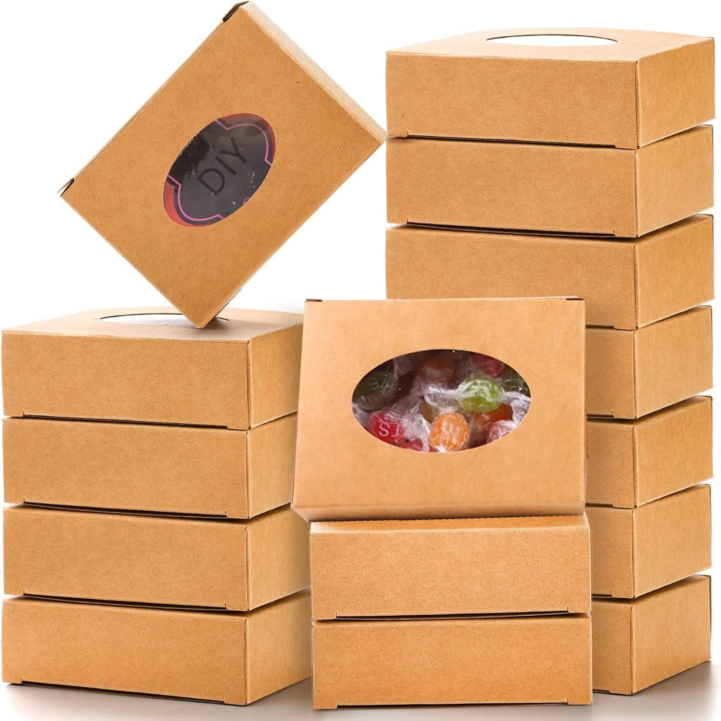 Zentriqlla 120 Pack Paper Soap Boxes, Kraft Treat Box with Window, Favor Packaging Boxes for Wedding, Birthday, Party, Homemade Bakery Candy Party Treats, Easy to Assemble