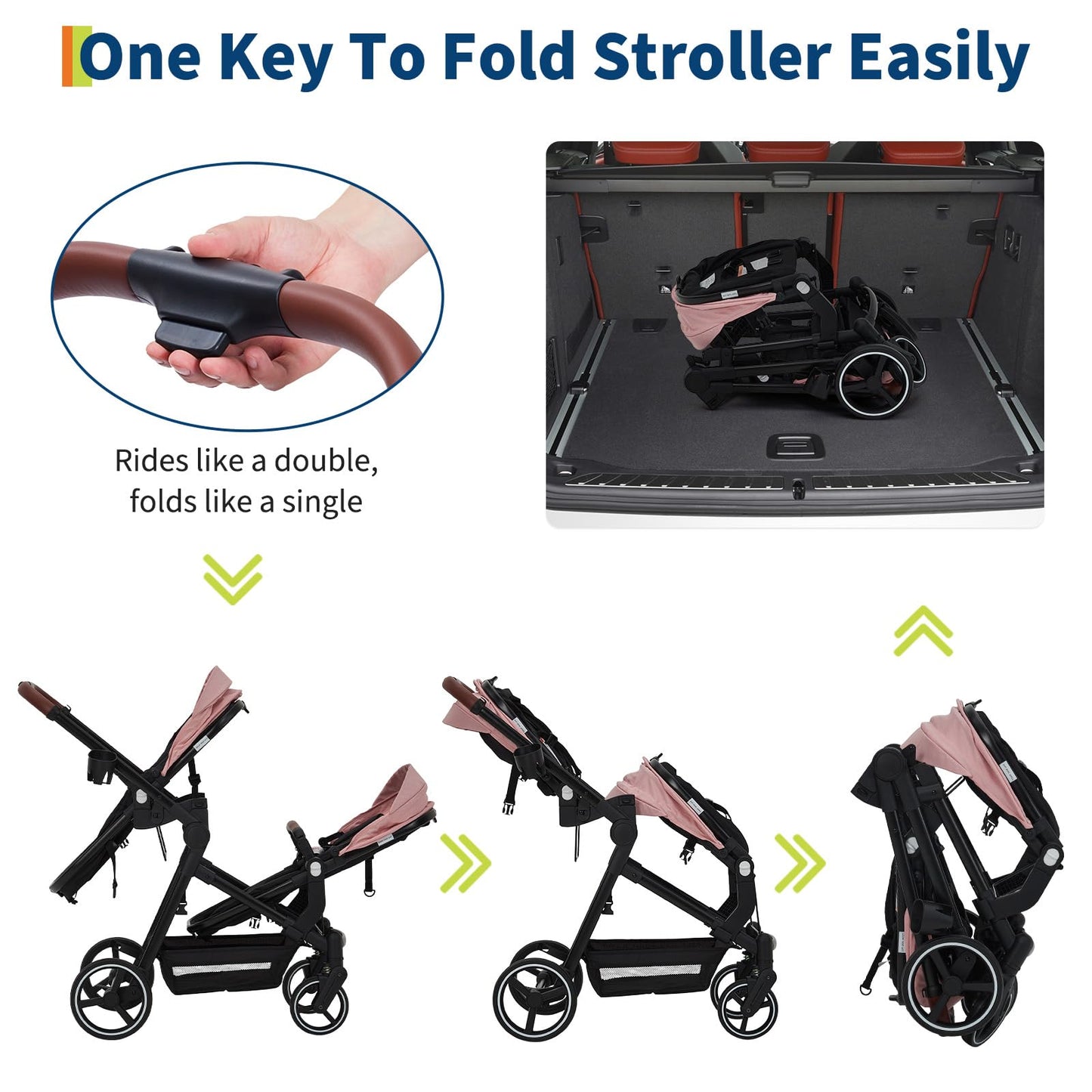 Tandem Double Stroller for Twins, Foldable Baby Stroller for Newborns 0-6 Months, Reversible Adjustable Seats, Shock-Absorbing Swivel Wheels & One-Step Brake, Storage Basket & Sun Canopy, Pink