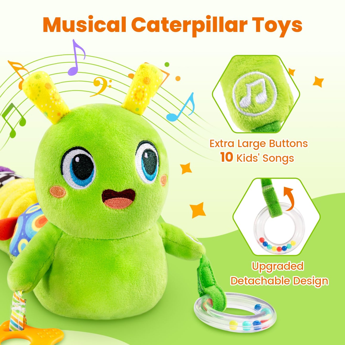 gogonova Baby Musical Caterpillar Toy 0-12 Months, Washable Teething Rattle with 10 Kids Songs, Infant Tummy Time Toy for Newborn Boys Girls (Green)