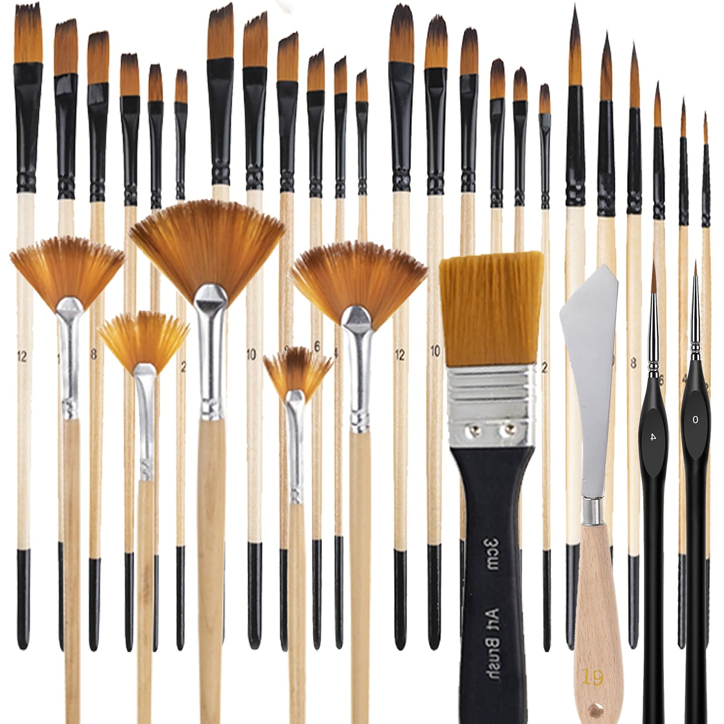 33 Pieces Paint Brush Set, Artist Series, Nylon Bristles with Round, Filbert, Flat, Fan, Angle, Detail Brush, Palette Knife,Suitable for Artists and Beginners for Acrylic Painting, Oil, Watercolor..