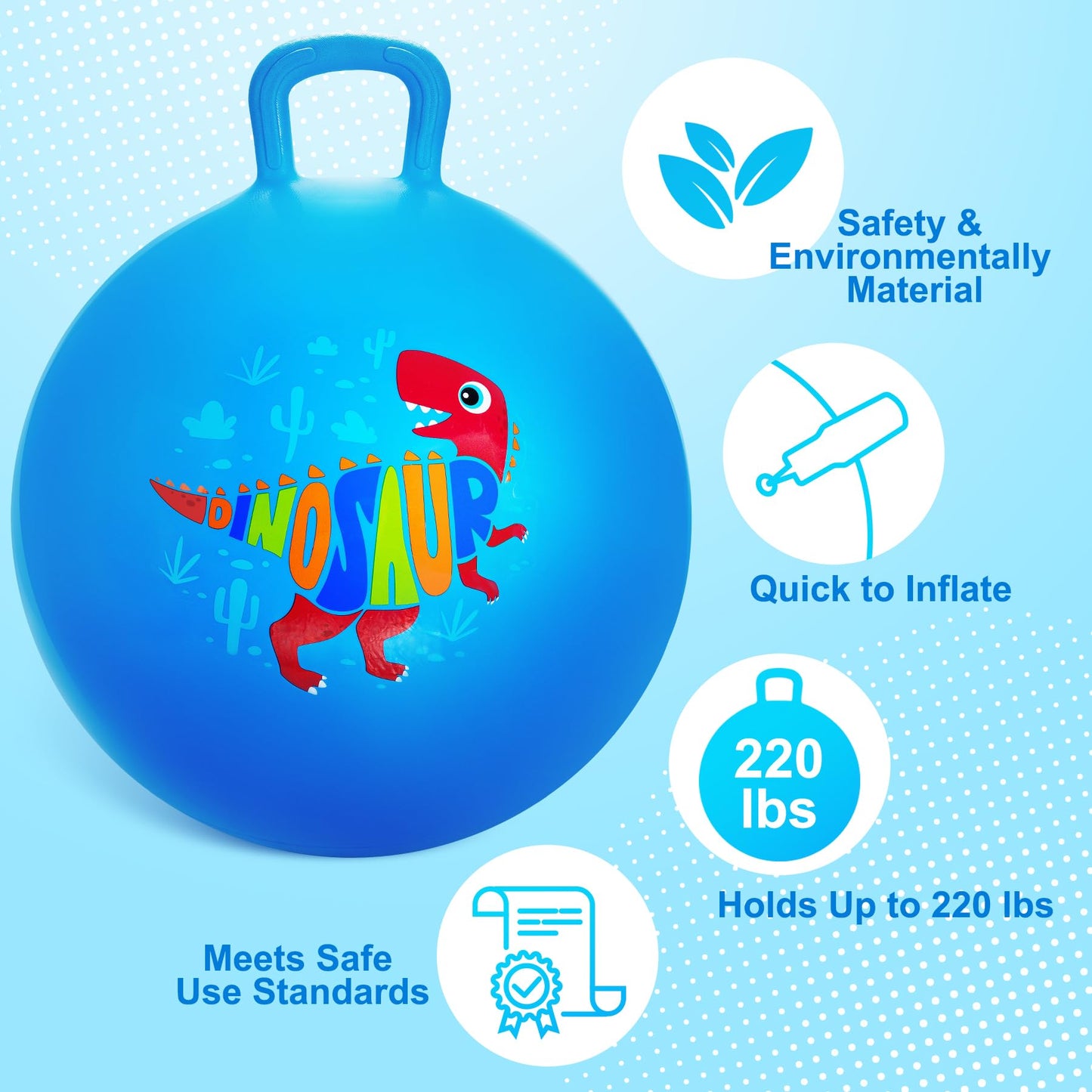 ZOOJOY Hopper Ball for Kids,18Inch Bouncy Ball with Handle - Blue Dinosaur Toys for 3-8 Years Old Boys Girls with Pump, Inflatable Toddler Bouncer Gifts for Indoor Outdoor Active Play