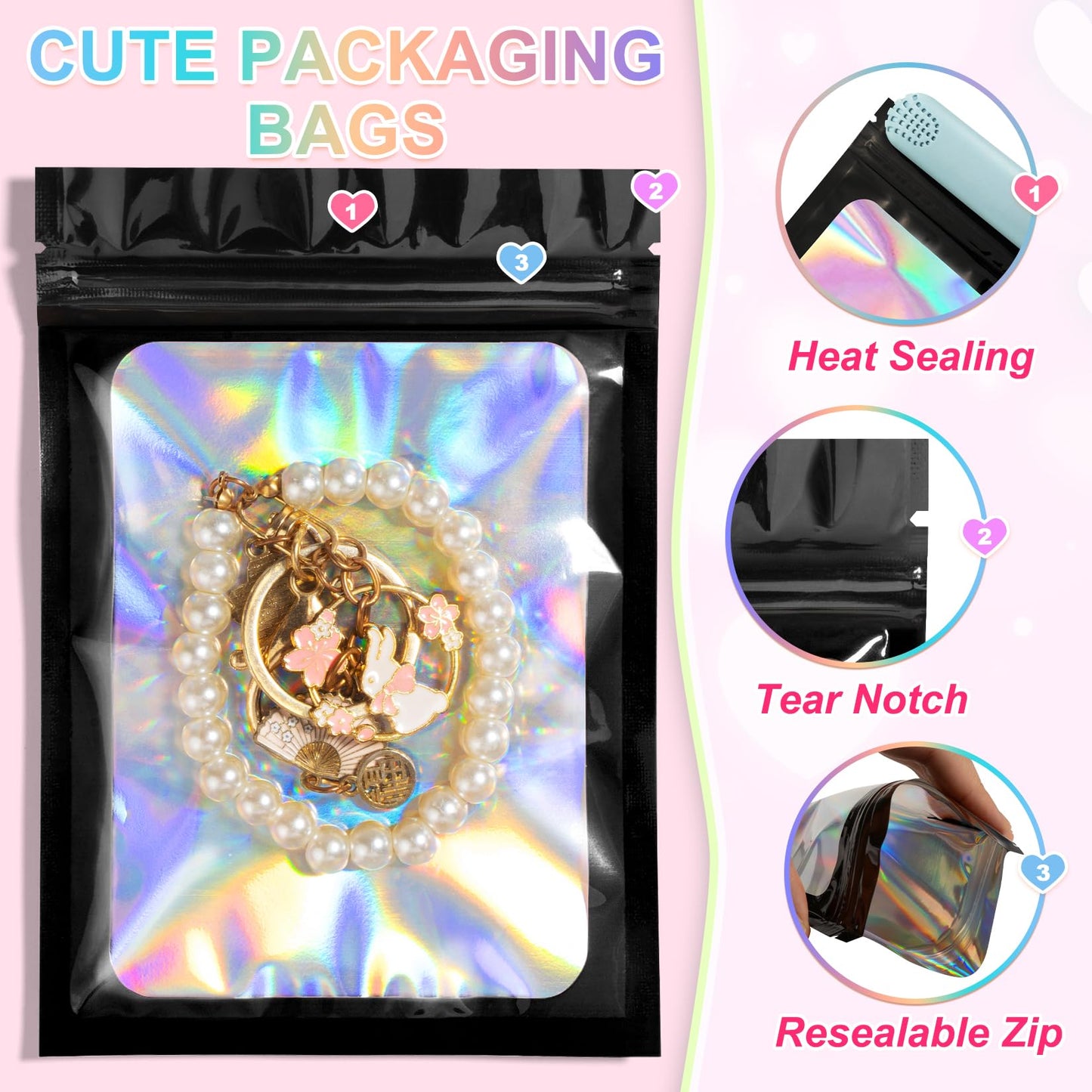 ANZNKU 100 Pack Holographic Mylar Bags, Smell Proof Sealable Packaging Bags with Clear Window for Small Business, Resealable Zip Bag for Candy Treat Jewelry Goodie Sample & Gifts (Black, 2.4 x 3.9 in)