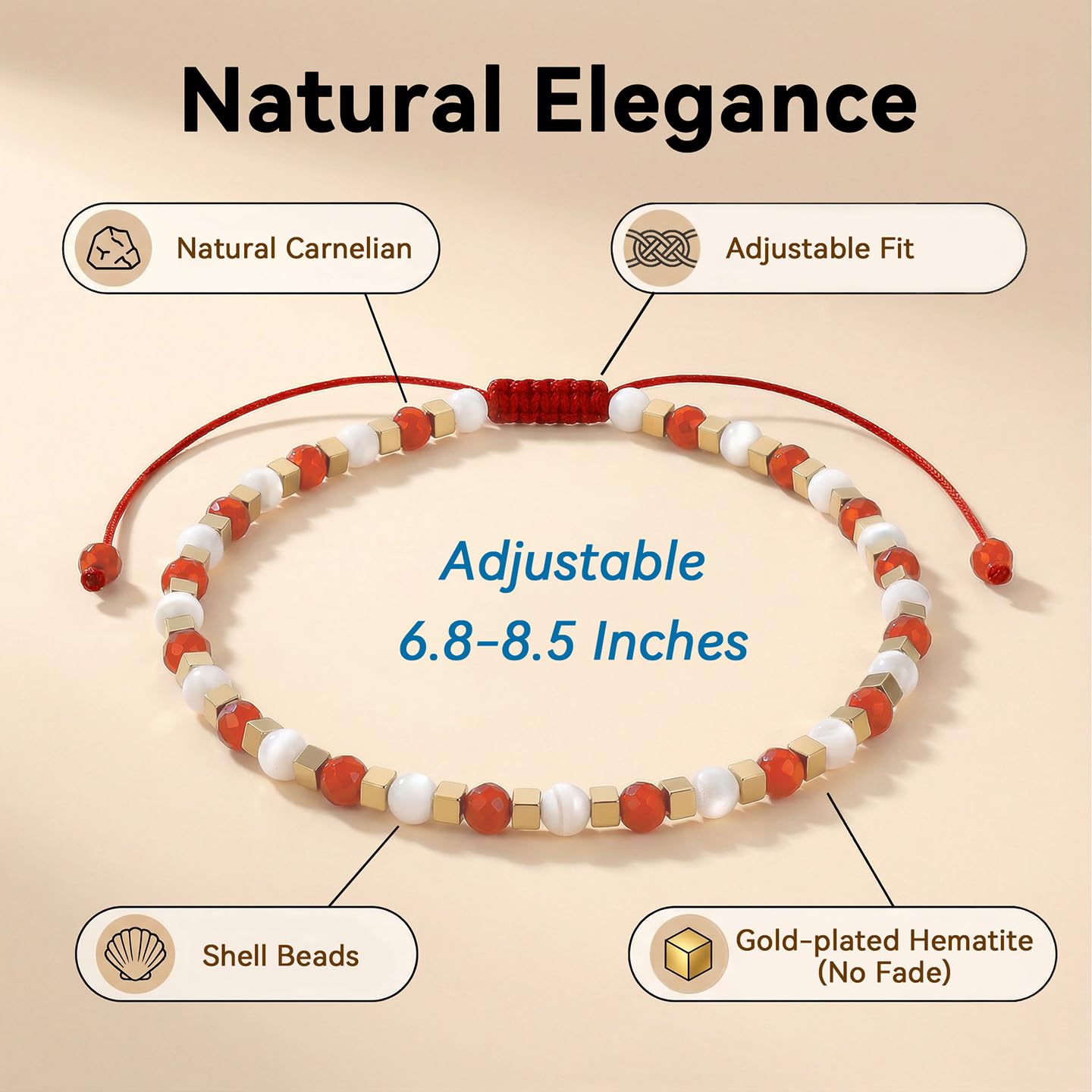 BEADSENER Red Carnelian Adjustable Charming Bracelet for Women, 3mm Natural Shell Gemstone Hematite Stone Beads, Pull String Slider Metal Free Design Waterproof, Gift for Her Daily Wear