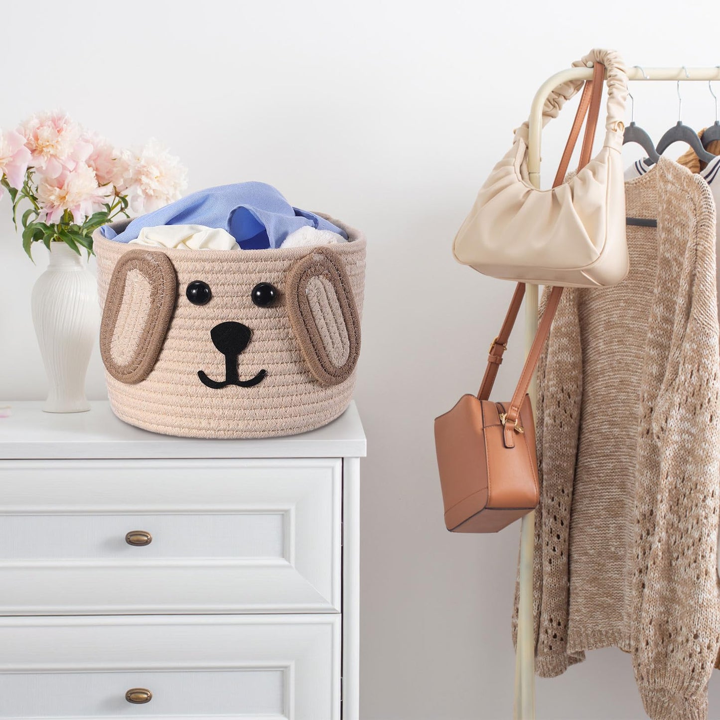 Zopeal Dog Woven Basket, 7.9" D x 6" H Cotton Rope Toy Storage Organizer, Dog Mom Gift Empty, Cute Laundry Puppy Gift Animal Basket for Clothes, Towels, Toy, Laundry, Bathroom, Home(Khaki, Beige)