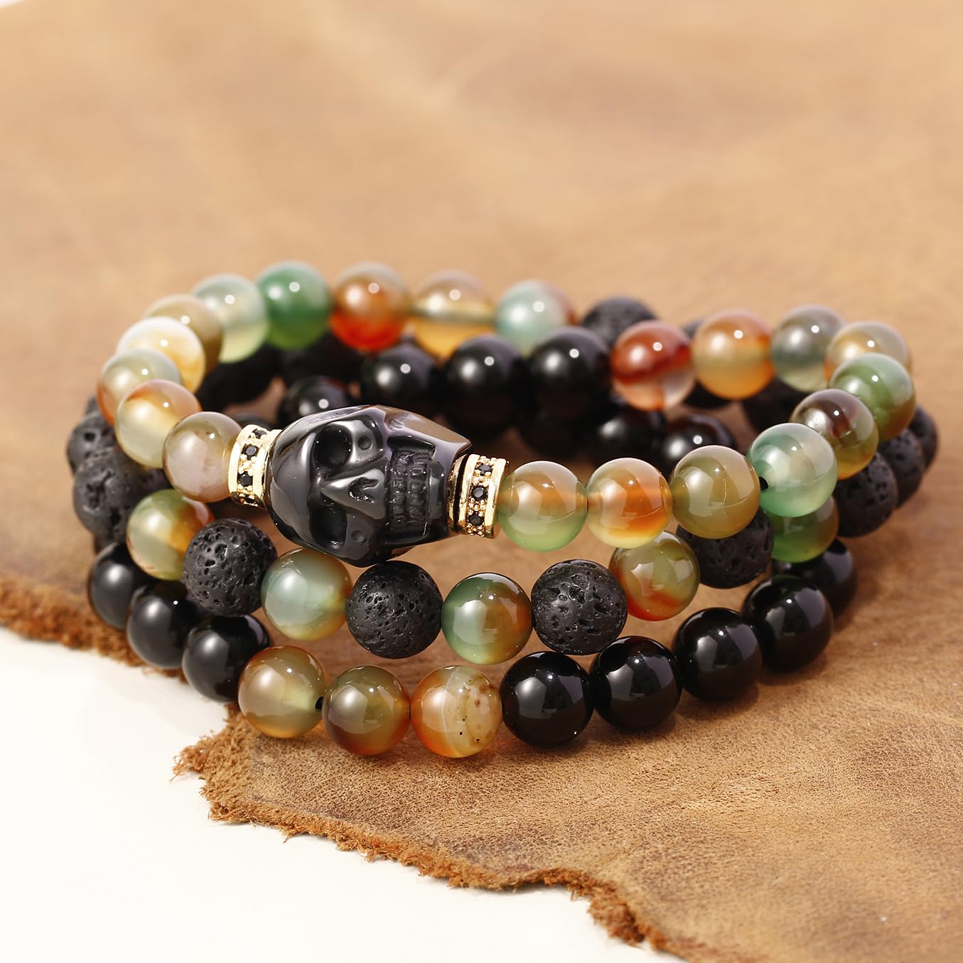 Xfoxstal Wrap Agate Stretch Beaded Bracelets Protection Obsidian Small Skull Lava Stone Bracelet for Women Essential Oil Diffusers Jewelry Meditation Gifts 8mm